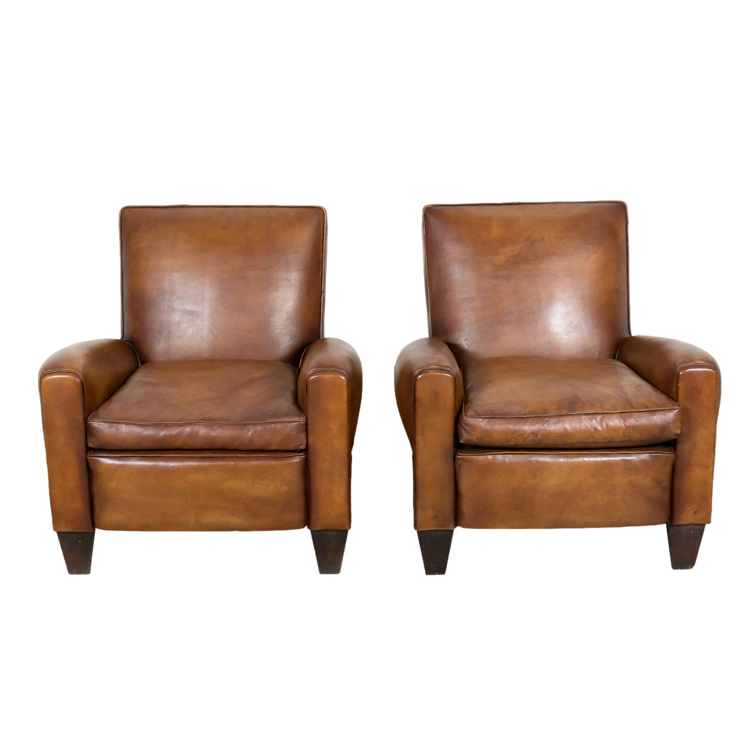 1930s Pair of French Art Deco Period Cognac Leather Club Chairs