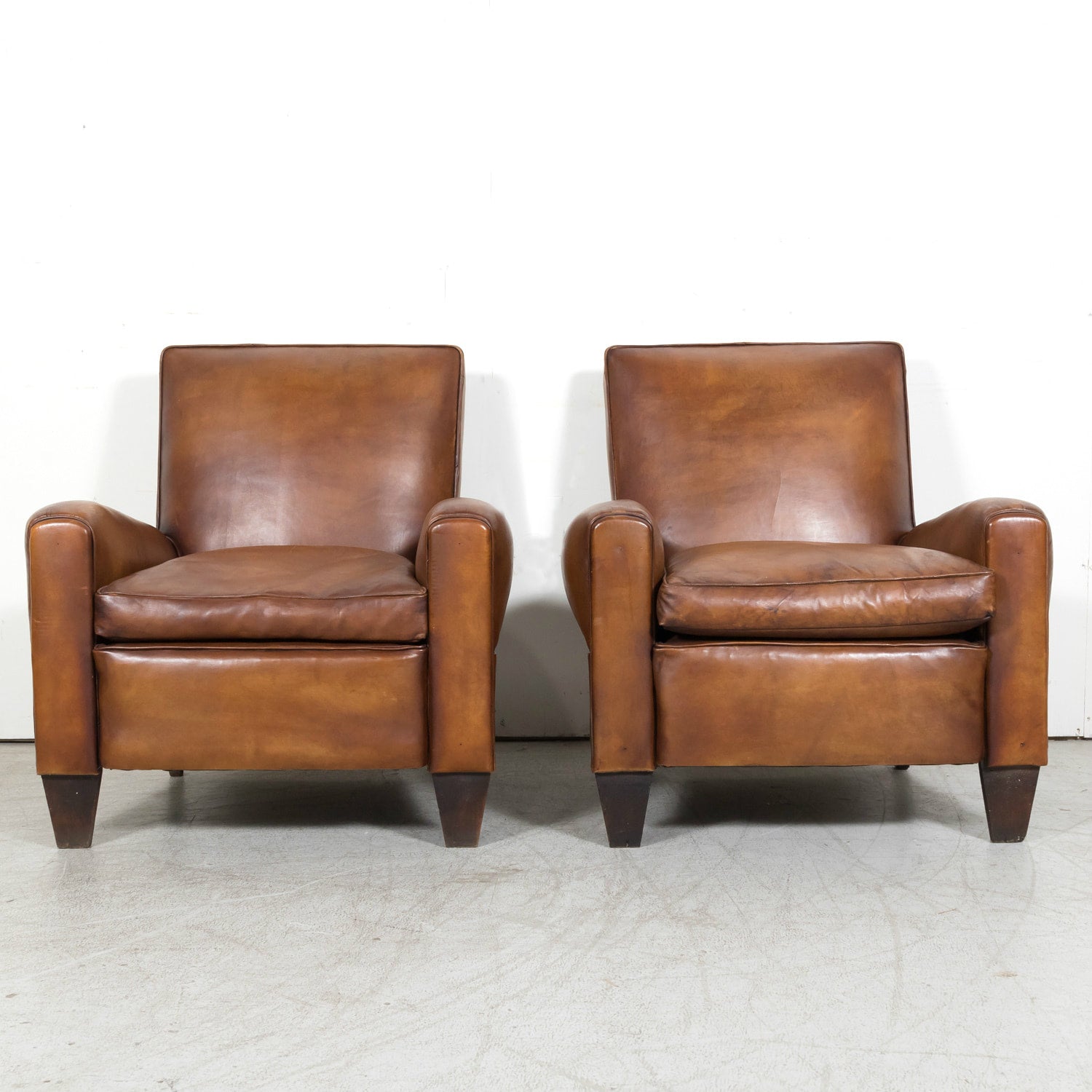 1930s Pair of French Art Deco Period Cognac Leather Club Chairs
