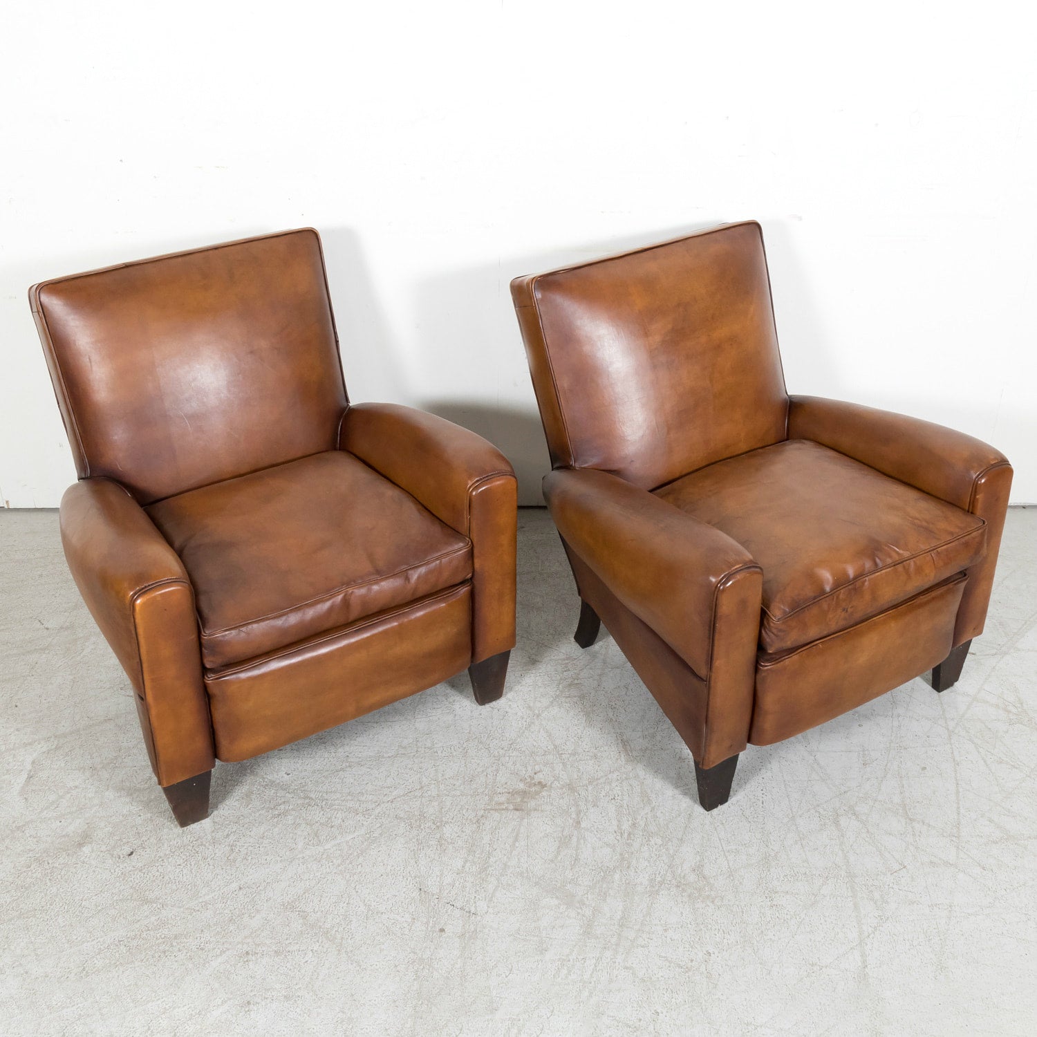 1930s Pair of French Art Deco Period Cognac Leather Club Chairs