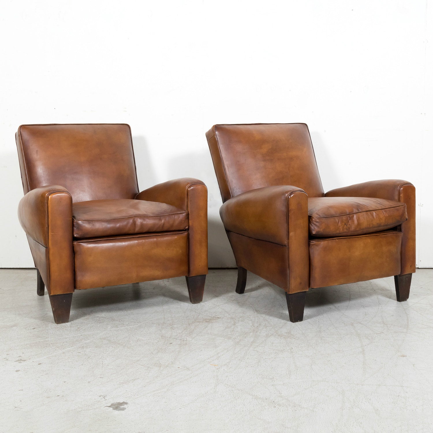 1930s Pair of French Art Deco Period Cognac Leather Club Chairs