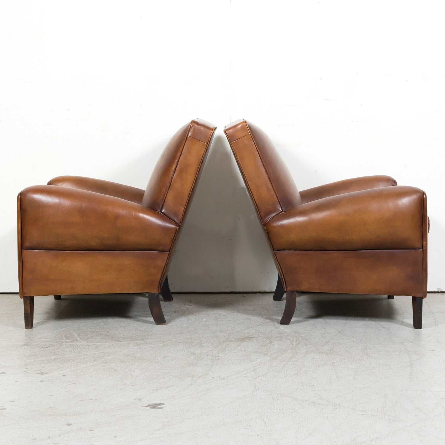 1930s Pair of French Art Deco Period Cognac Leather Club Chairs