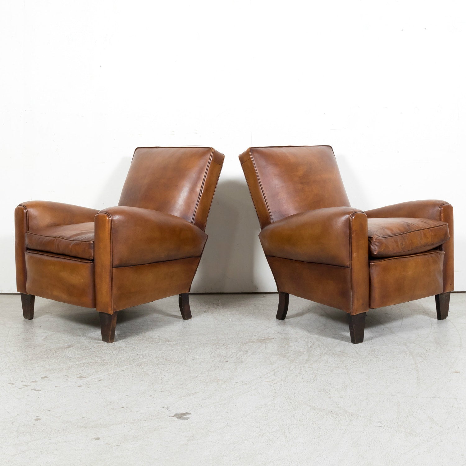 1930s Pair of French Art Deco Period Cognac Leather Club Chairs