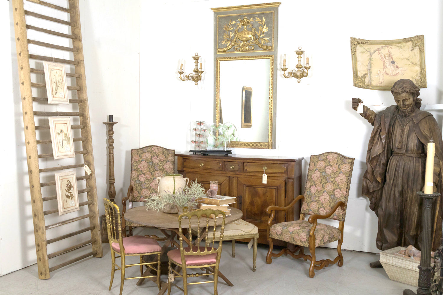 19th Century French Louis XVI Style Painted and Parcel Gilt Neoclassical Trumeau Mirror