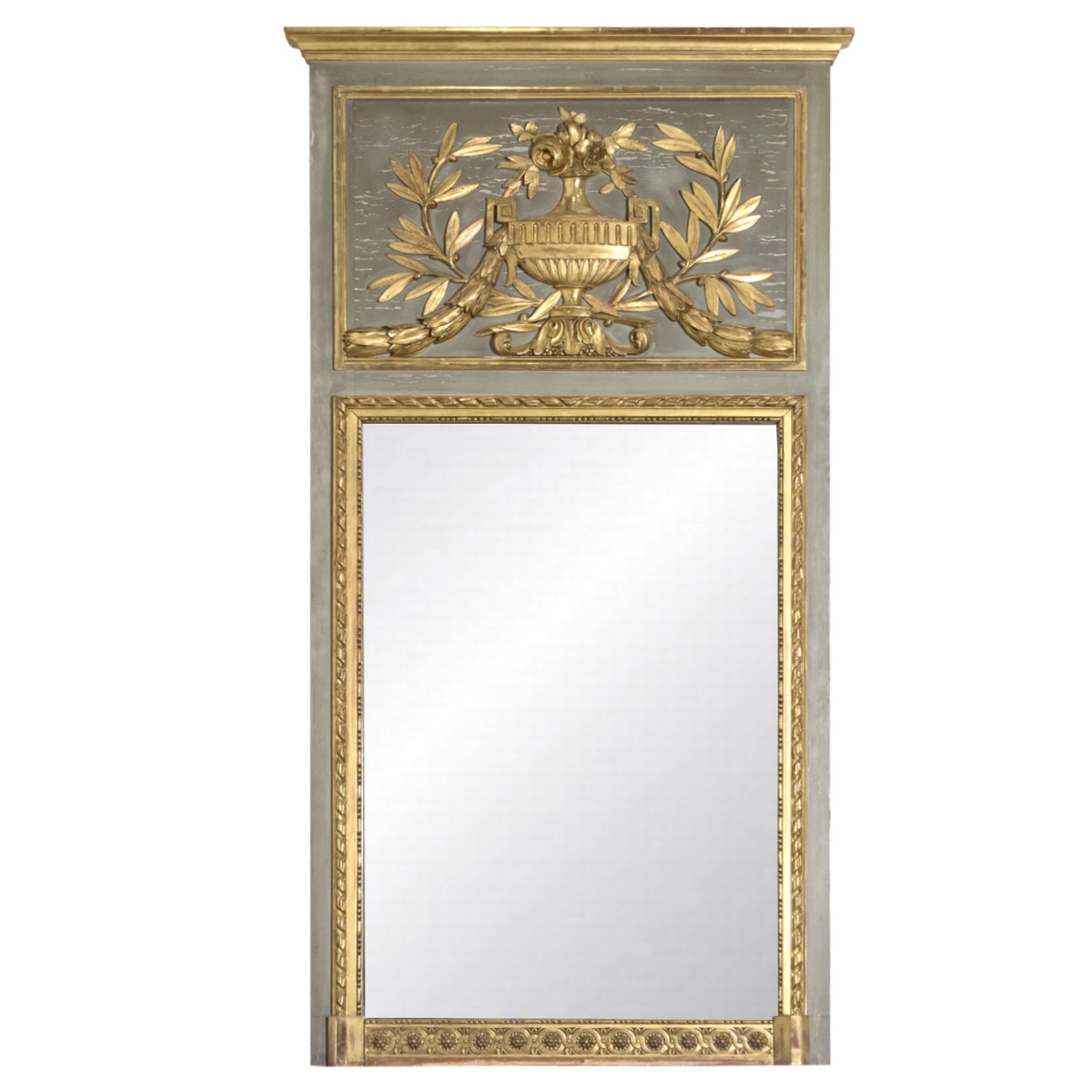 19th Century French Louis XVI Style Painted and Parcel Gilt Neoclassical Trumeau Mirror