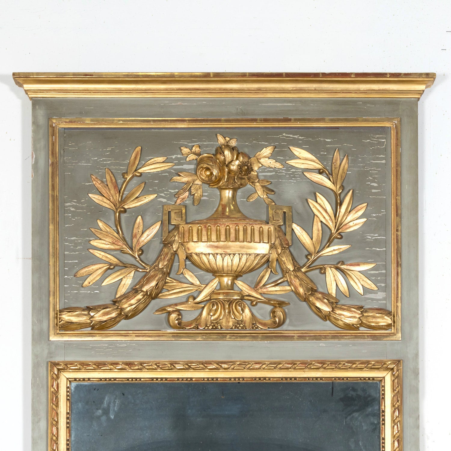 19th Century French Louis XVI Style Painted and Parcel Gilt Neoclassical Trumeau Mirror