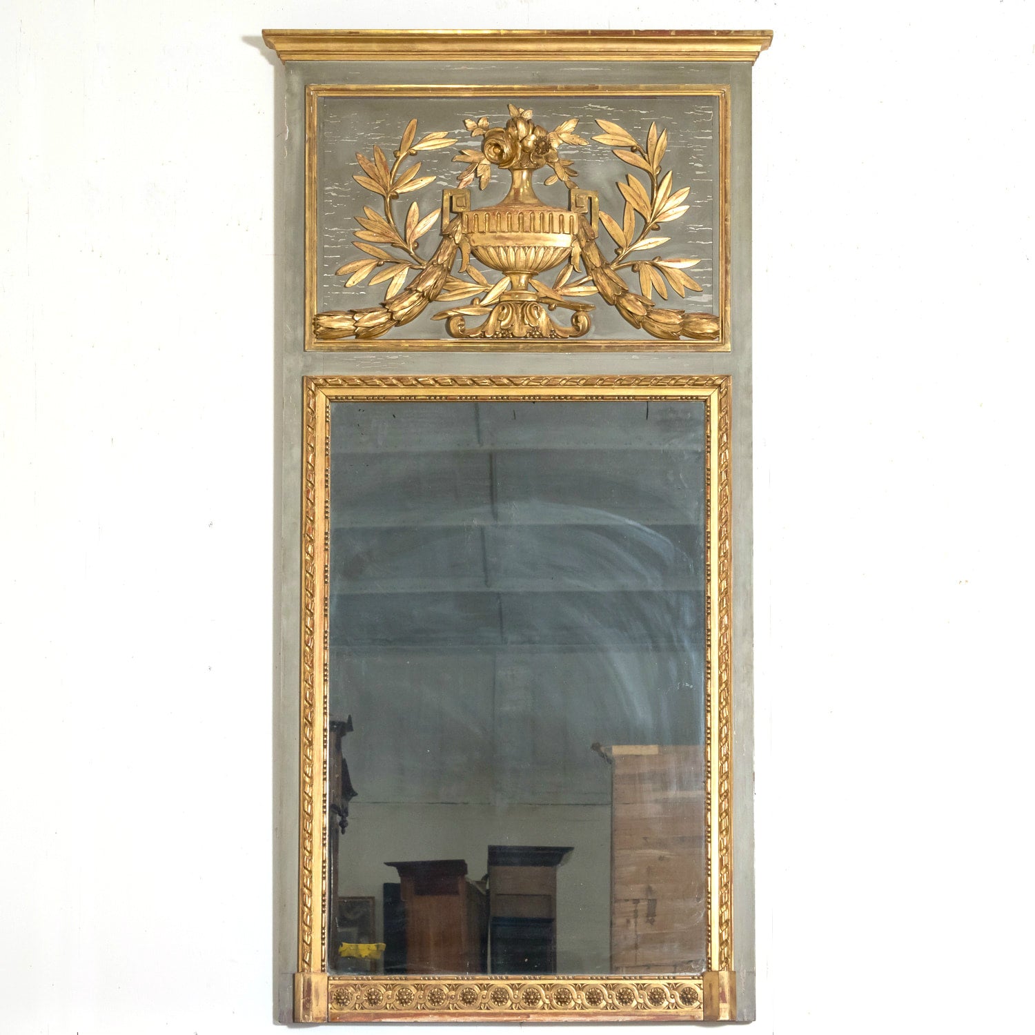 19th Century French Louis XVI Style Painted and Parcel Gilt Neoclassical Trumeau Mirror