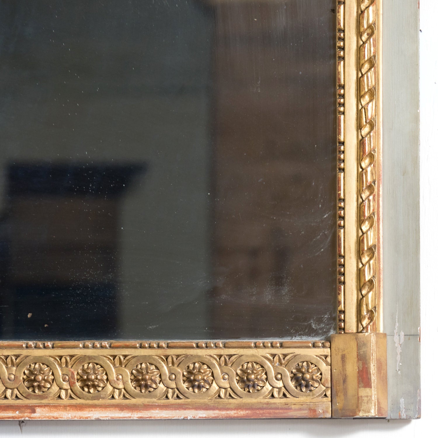 19th Century French Louis XVI Style Painted and Parcel Gilt Neoclassical Trumeau Mirror