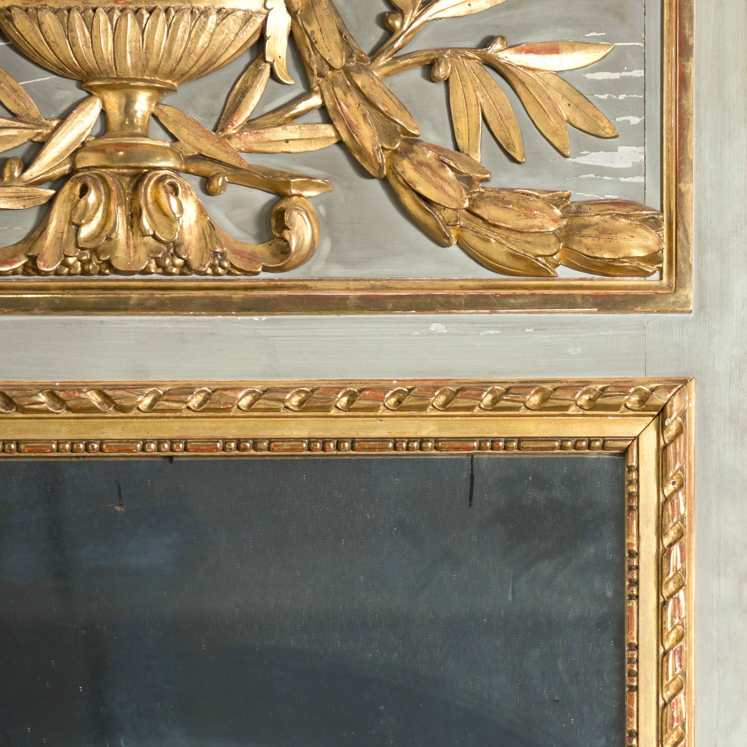 19th Century French Louis XVI Style Painted and Parcel Gilt Neoclassical Trumeau Mirror
