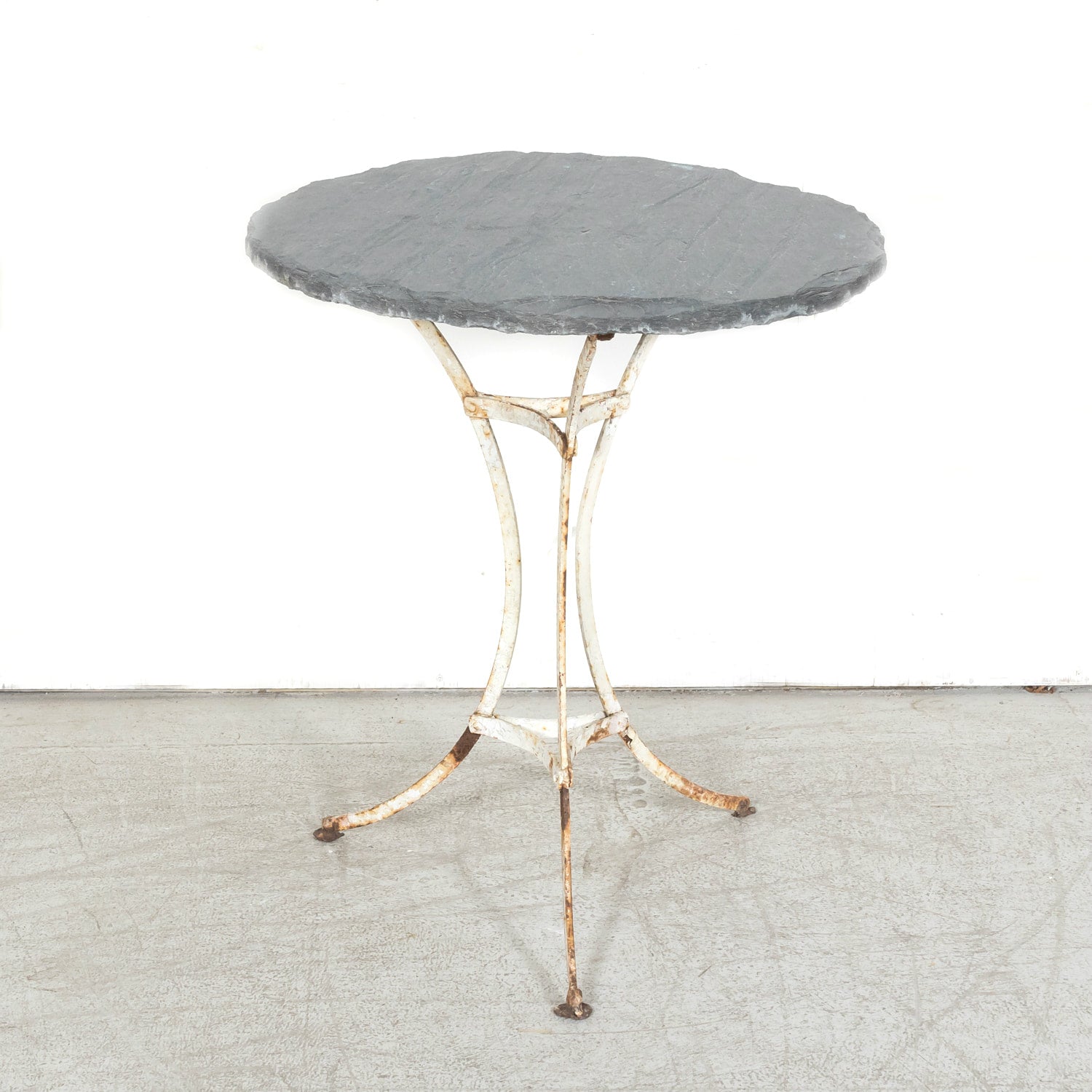 19th Century French Bistro or Garden Table with Round Slate Top and White Painted Iron Base  