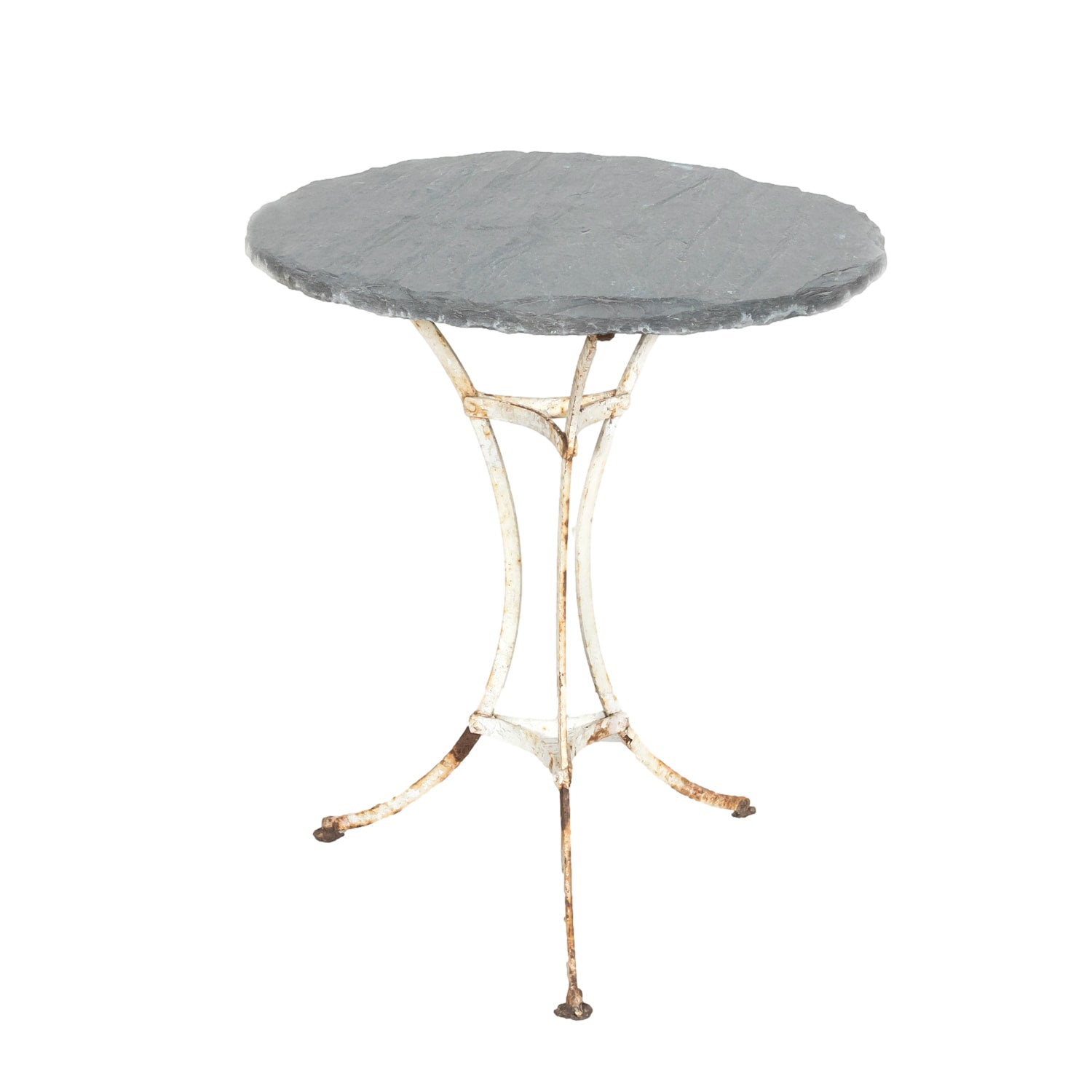 19th Century French Bistro or Garden Table with Round Slate Top and White Painted Iron Base  