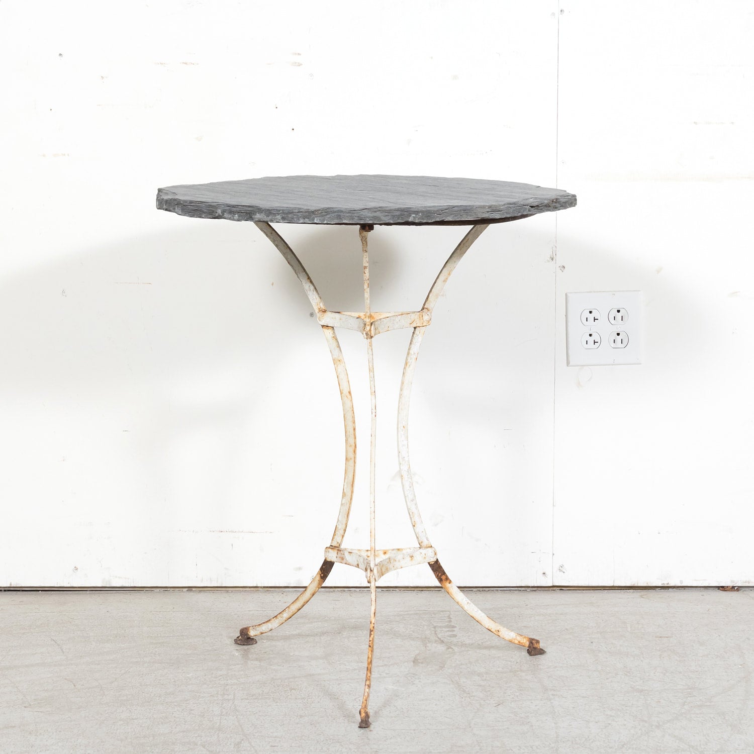 19th Century French Bistro or Garden Table with Round Slate Top and White Painted Iron Base  