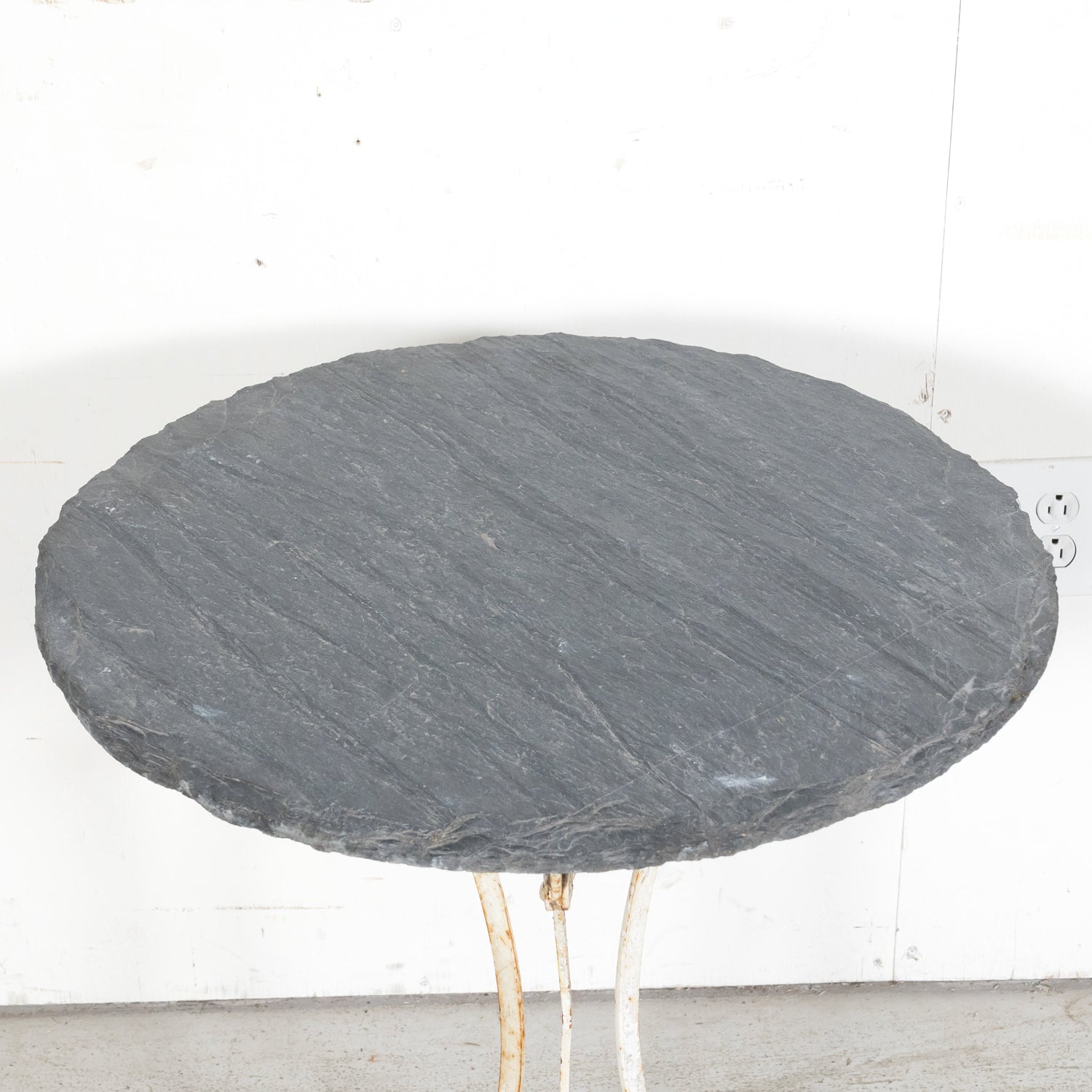 19th Century French Bistro or Garden Table with Round Slate Top and White Painted Iron Base  