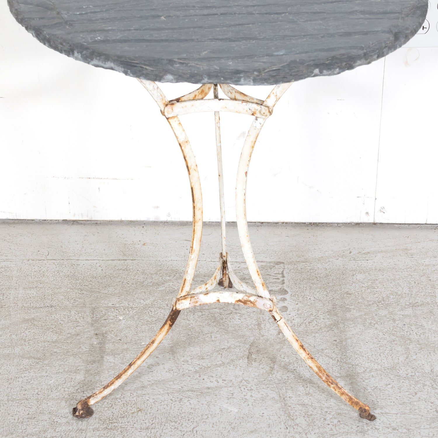 19th Century French Bistro or Garden Table with Round Slate Top and White Painted Iron Base  