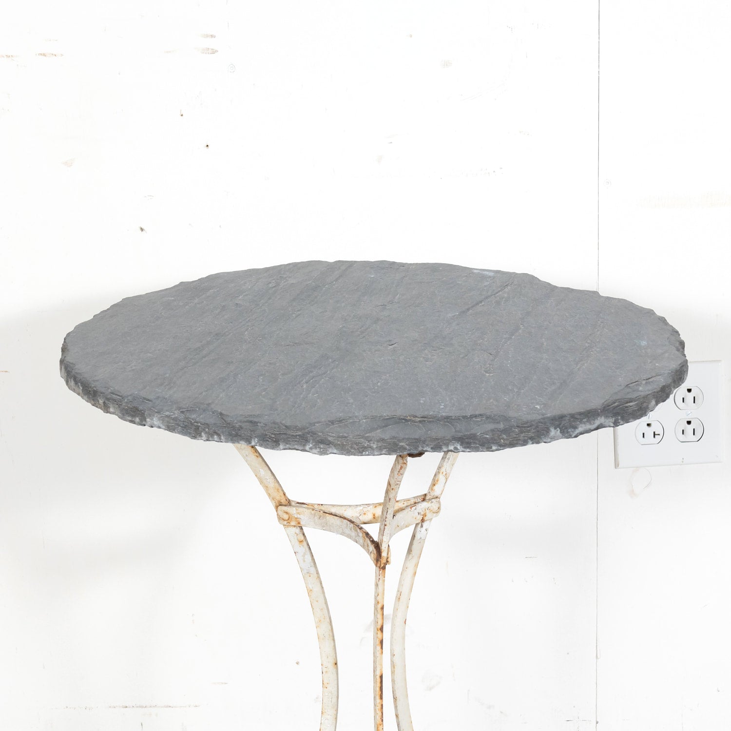 19th Century French Bistro or Garden Table with Round Slate Top and White Painted Iron Base  