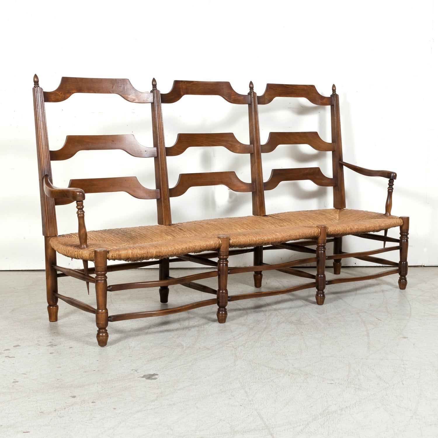 Antique Country French Walnut Ladder Back Settee or Radassier with Rush Seat