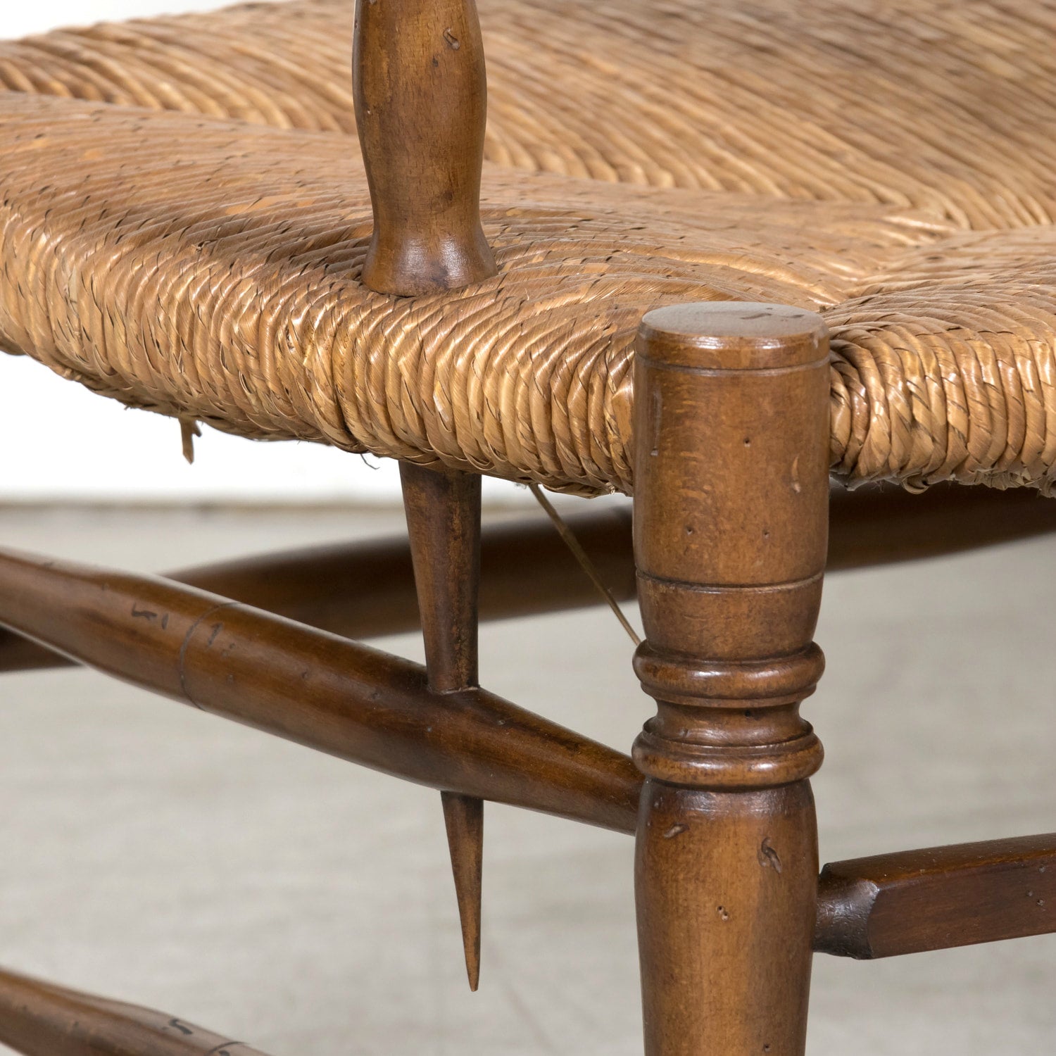 Antique Country French Walnut Ladder Back Settee or Radassier with Rush Seat