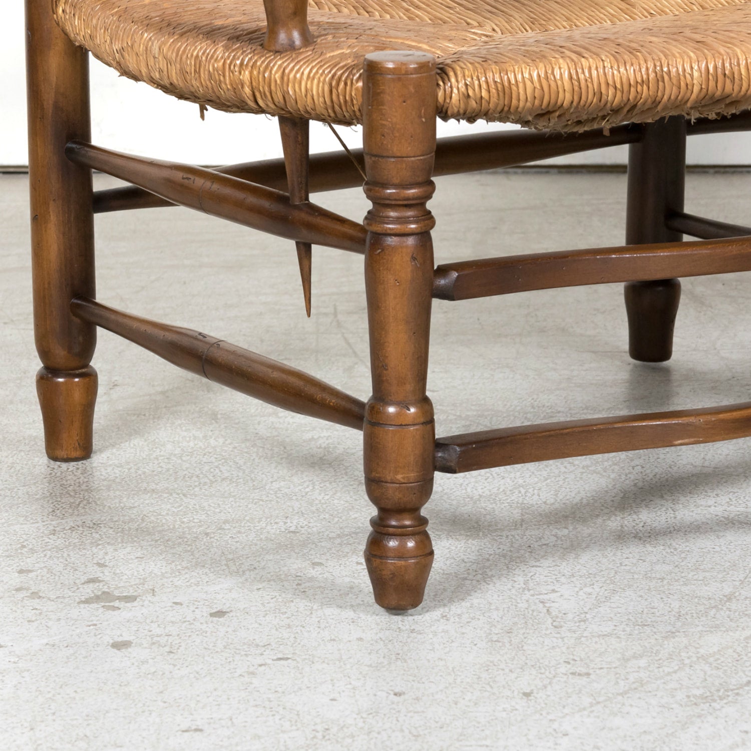 Antique Country French Walnut Ladder Back Settee or Radassier with Rush Seat