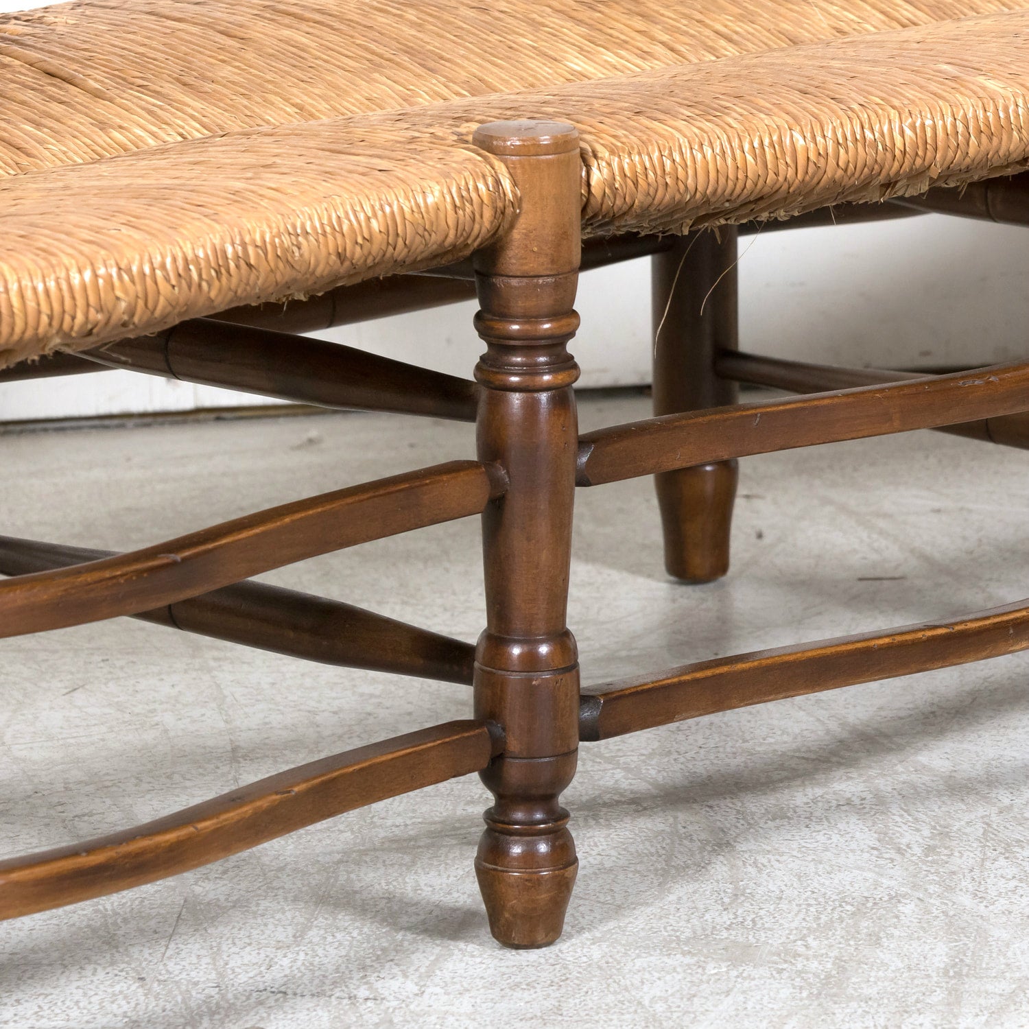 Antique Country French Walnut Ladder Back Settee or Radassier with Rush Seat