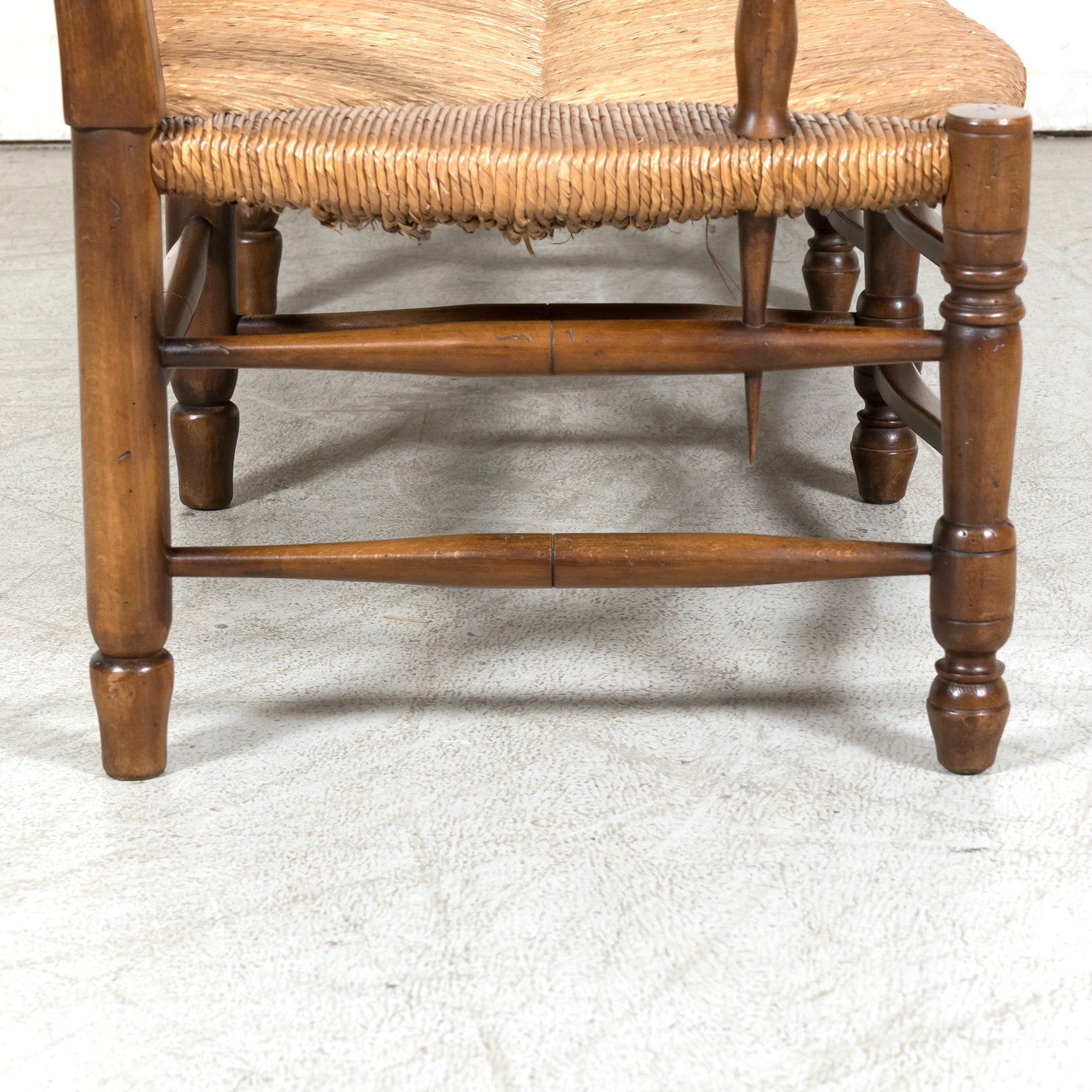 Antique Country French Walnut Ladder Back Settee or Radassier with Rush Seat