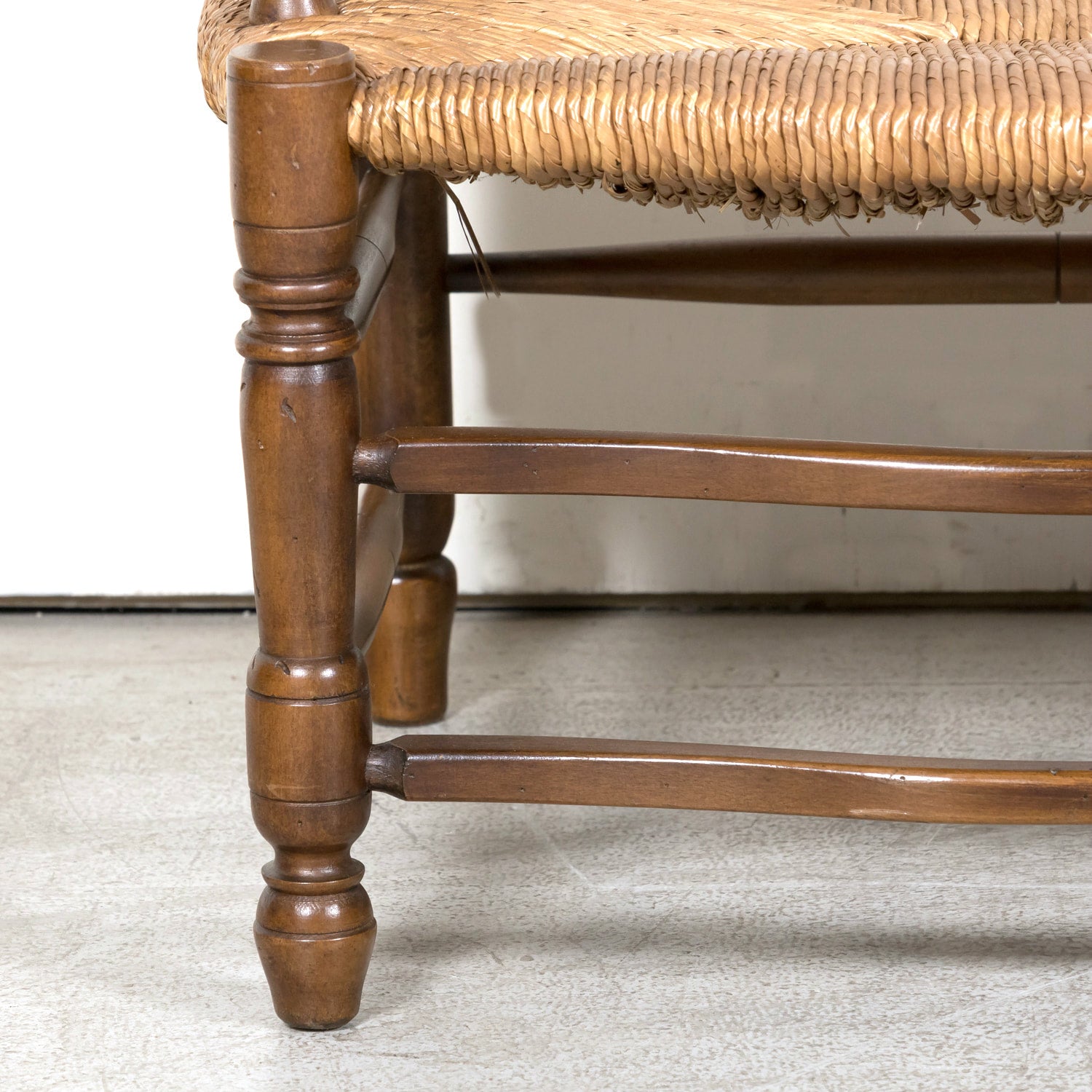 Antique Country French Walnut Ladder Back Settee or Radassier with Rush Seat