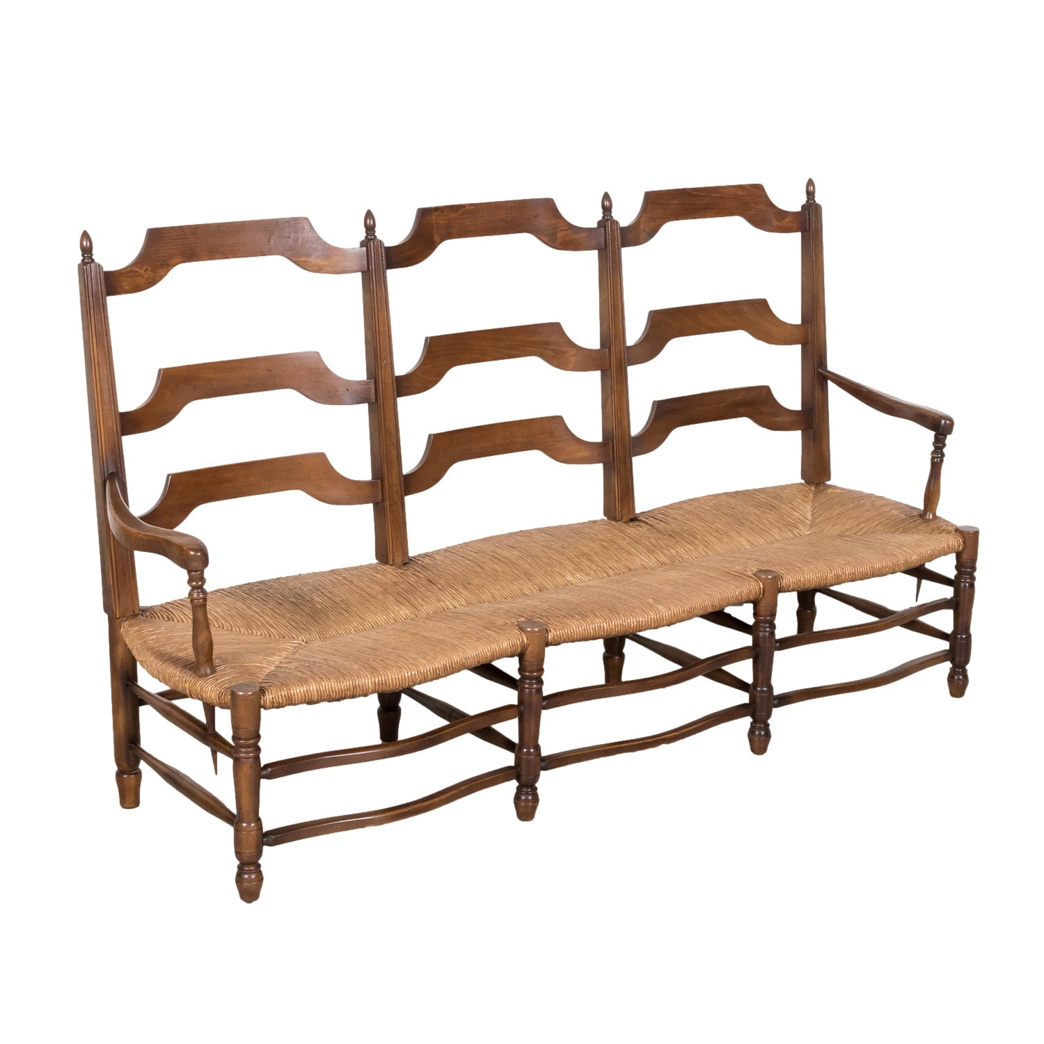 Antique Country French Walnut Ladder Back Settee or Radassier with Rush Seat