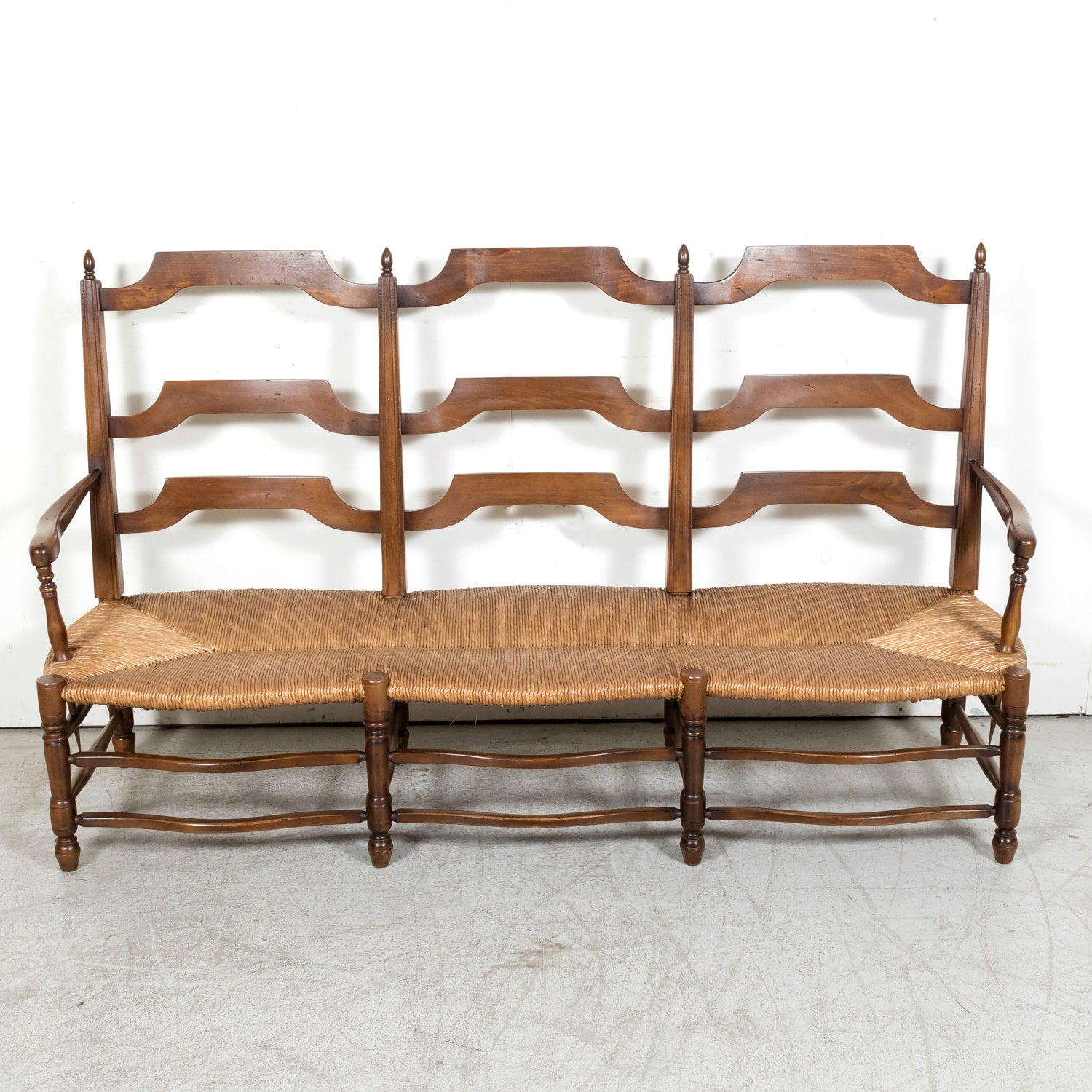 Antique Country French Walnut Ladder Back Settee or Radassier with Rush Seat