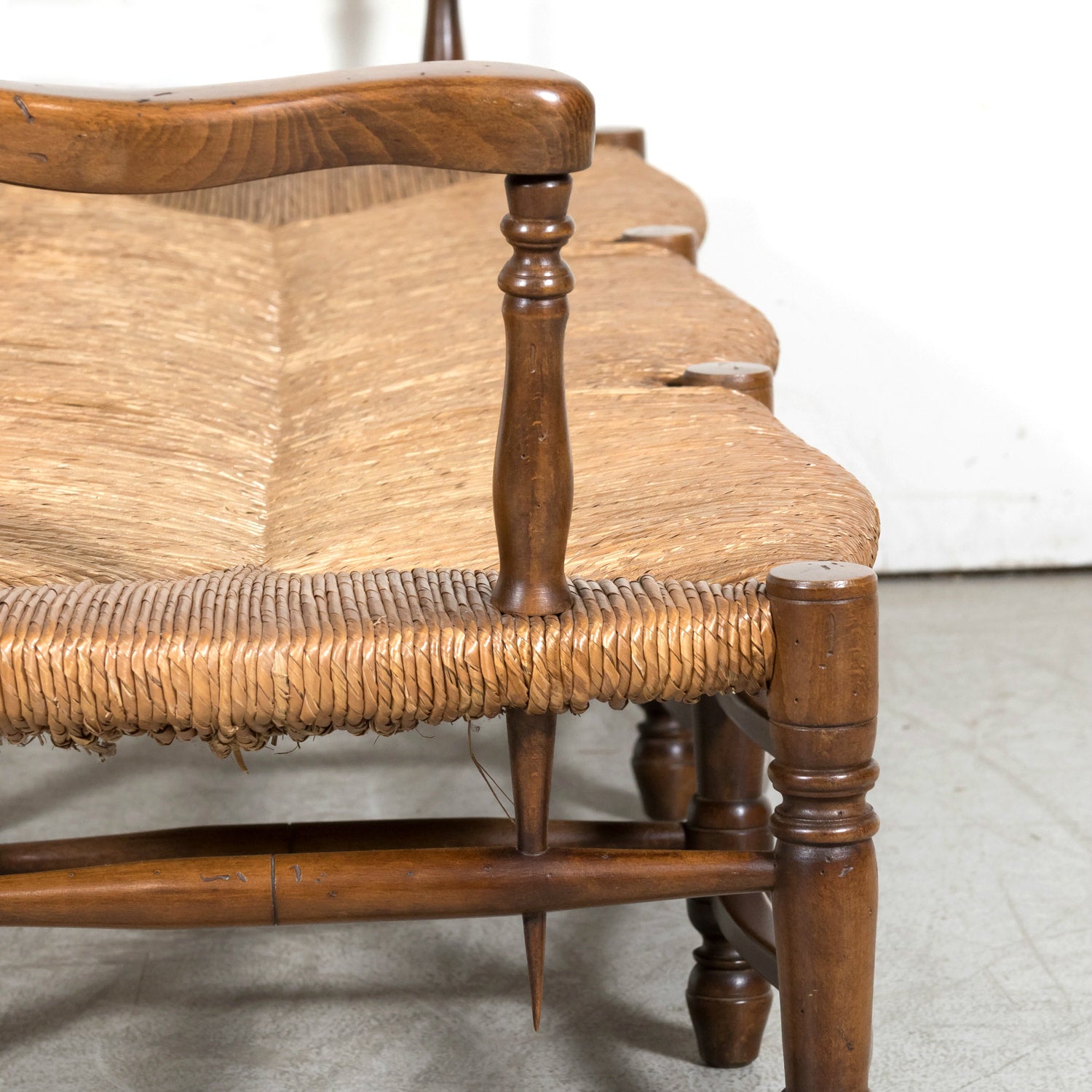 Antique Country French Walnut Ladder Back Settee or Radassier with Rush Seat