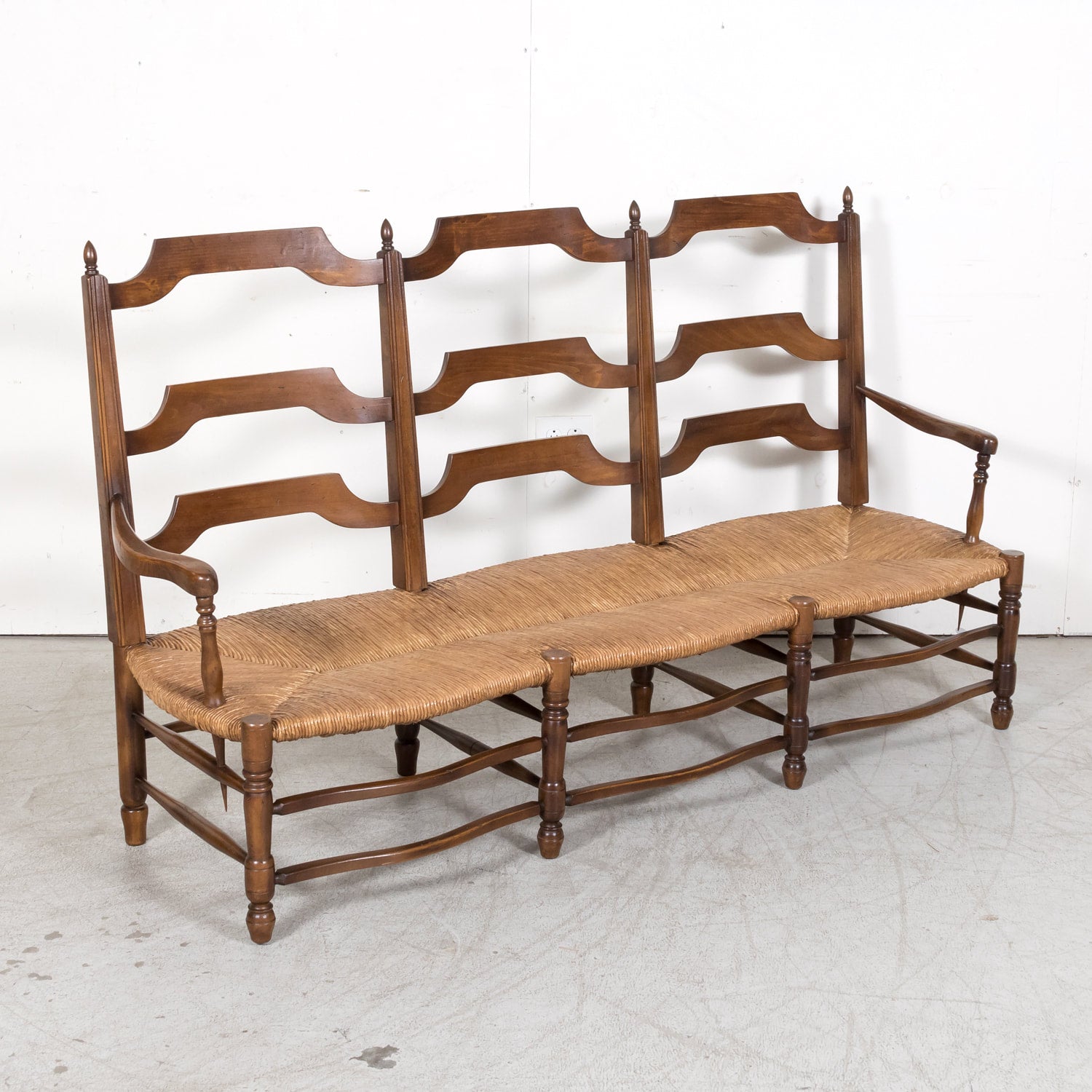 Antique Country French Walnut Ladder Back Settee or Radassier with Rush Seat