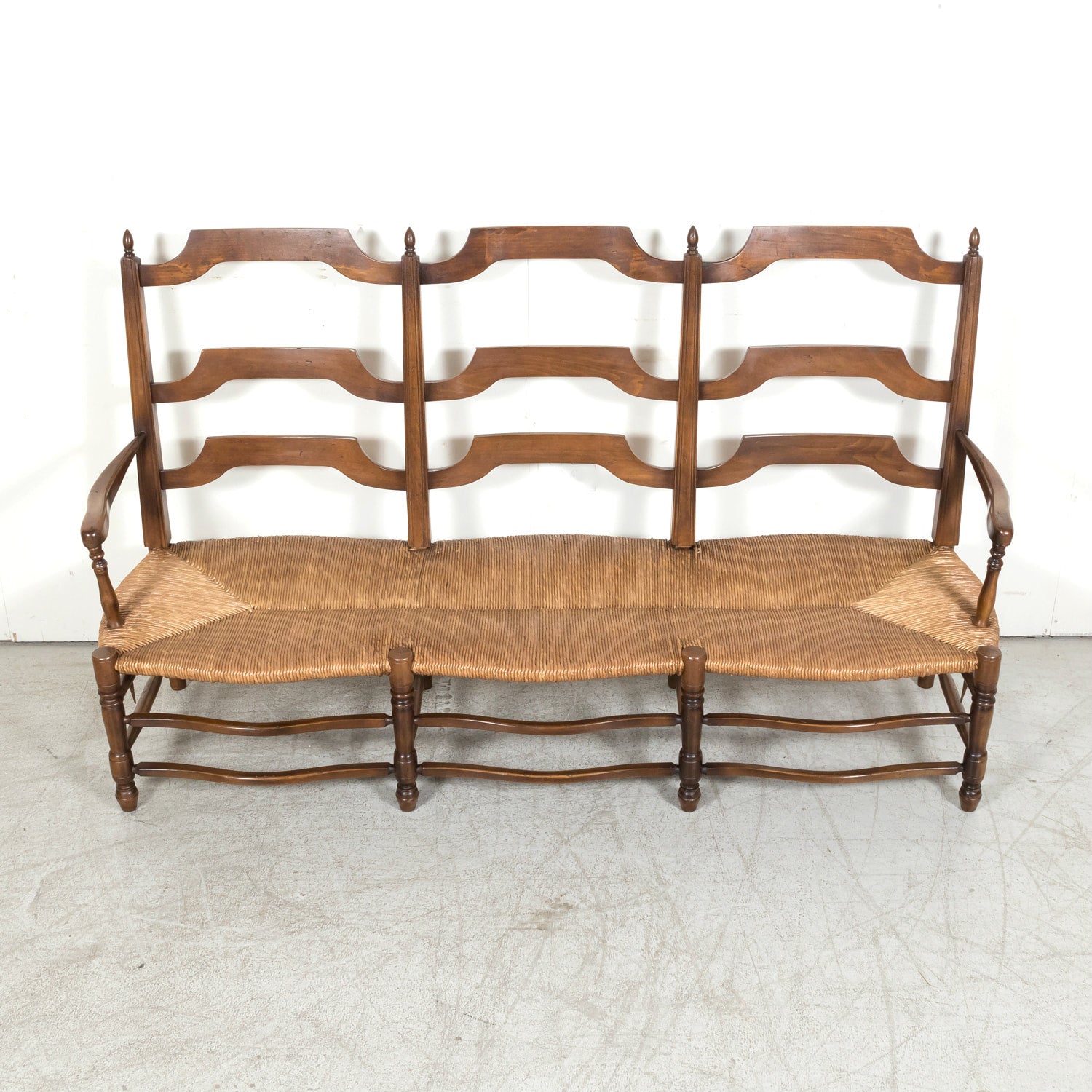 Antique Country French Walnut Ladder Back Settee or Radassier with Rush Seat