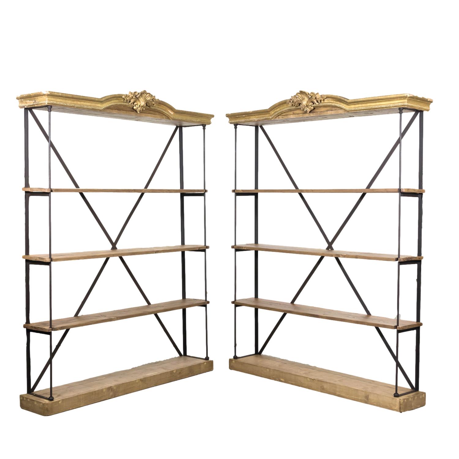 Pair of French Industrial Artist's Shelves or Display Shelves with 19th Century Louis XV Style Giltwood Pelmets