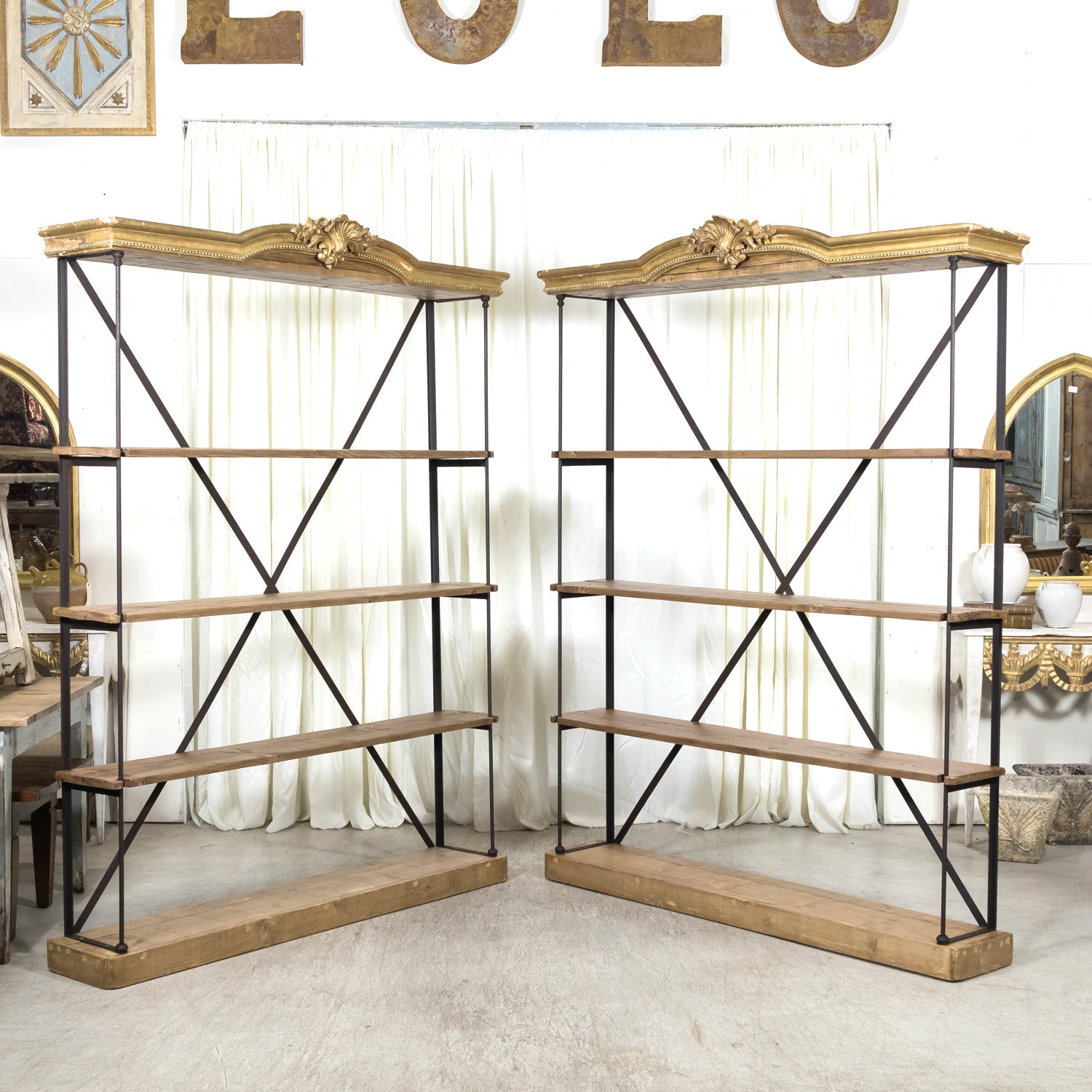 Pair of French Industrial Artist's Shelves or Display Shelves with 19th Century Louis XV Style Giltwood Pelmets