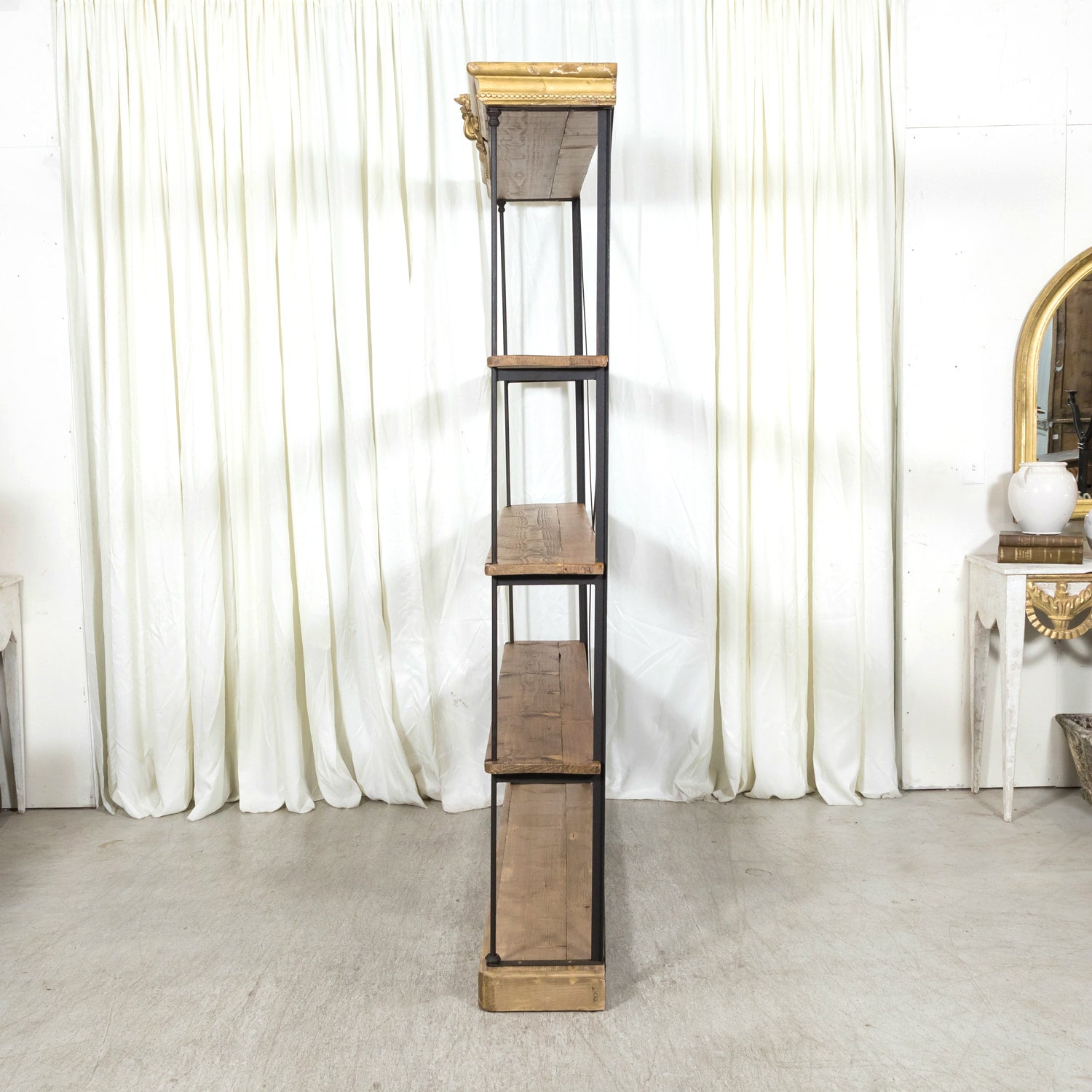 Pair of French Industrial Artist's Shelves or Display Shelves with 19th Century Louis XV Style Giltwood Pelmets