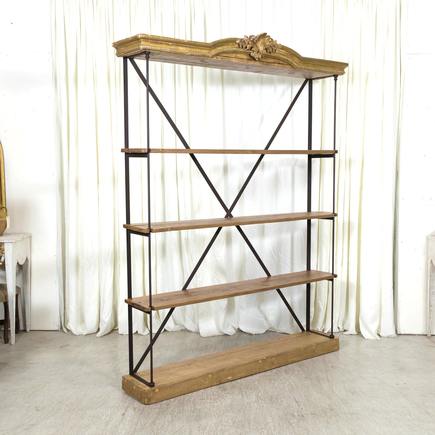 Pair of French Industrial Artist's Shelves or Display Shelves with 19th Century Louis XV Style Giltwood Pelmets