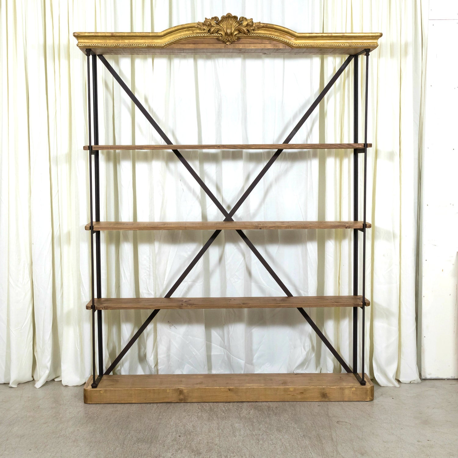 Pair of French Industrial Artist's Shelves or Display Shelves with 19th Century Louis XV Style Giltwood Pelmets