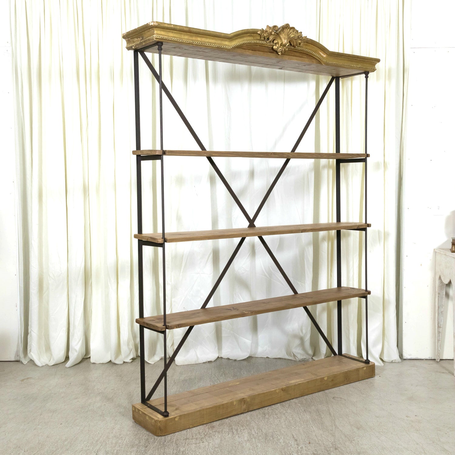 Pair of French Industrial Artist's Shelves or Display Shelves with 19th Century Louis XV Style Giltwood Pelmets
