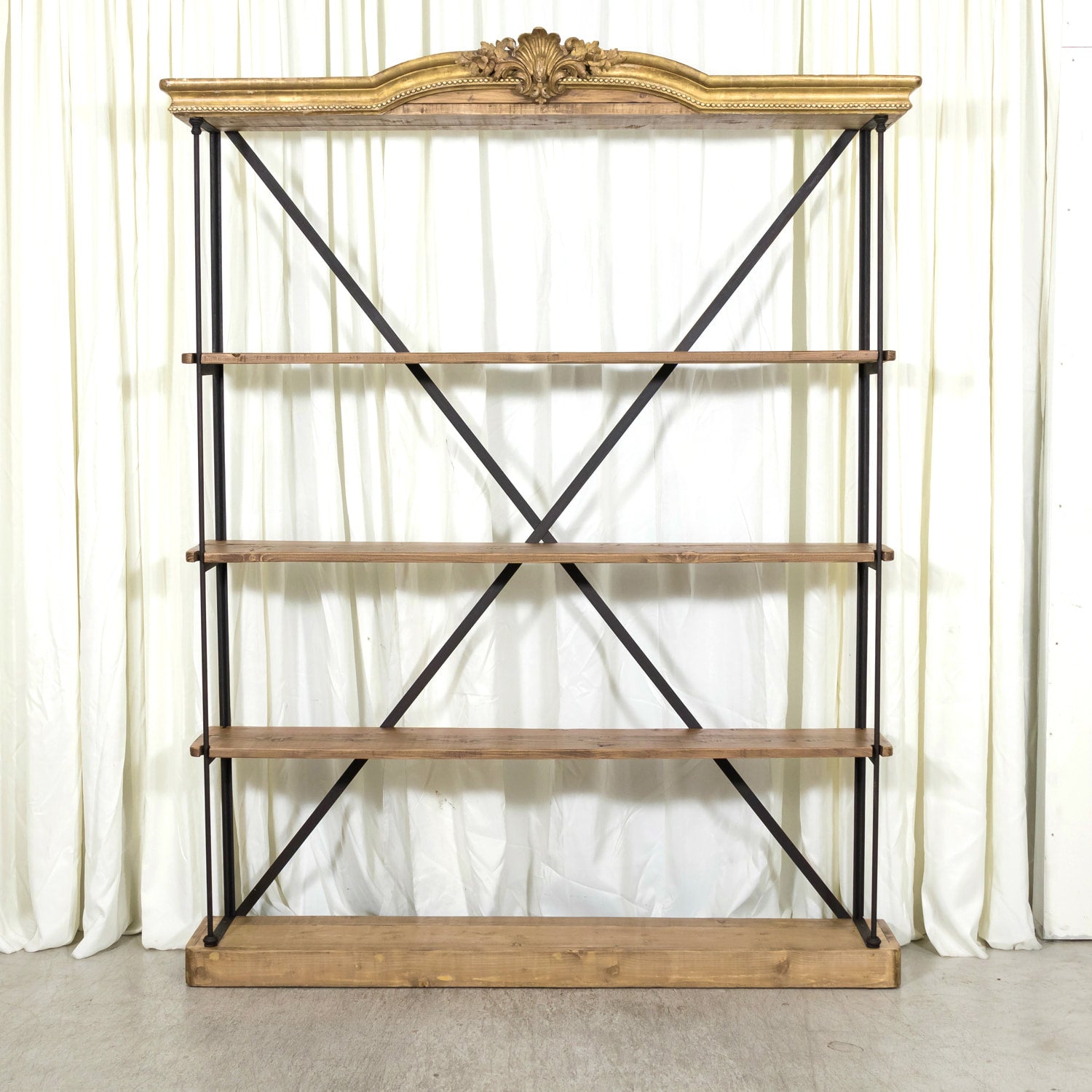 Pair of French Industrial Artist's Shelves or Display Shelves with 19th Century Louis XV Style Giltwood Pelmets