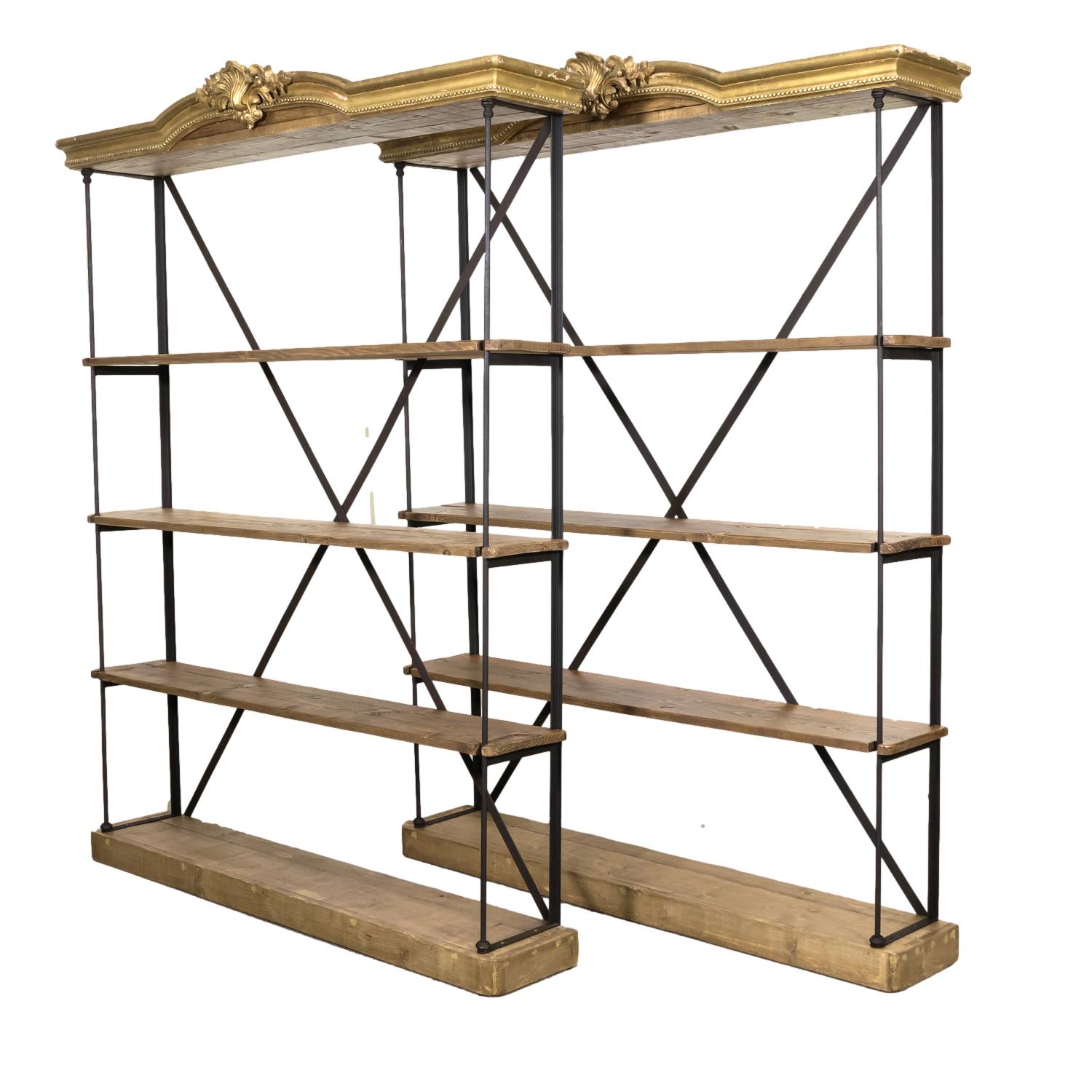 Pair of French Industrial Artist's Shelves or Display Shelves with 19th Century Louis XV Style Giltwood Pelmets
