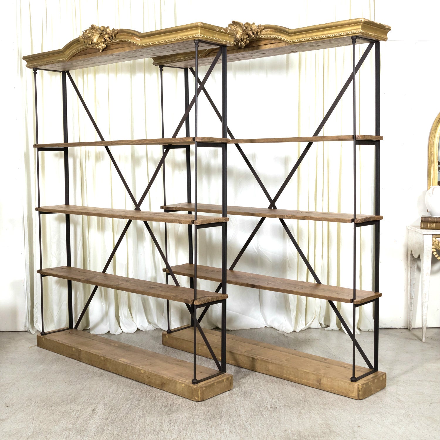 Pair of French Industrial Artist's Shelves or Display Shelves with 19th Century Louis XV Style Giltwood Pelmets