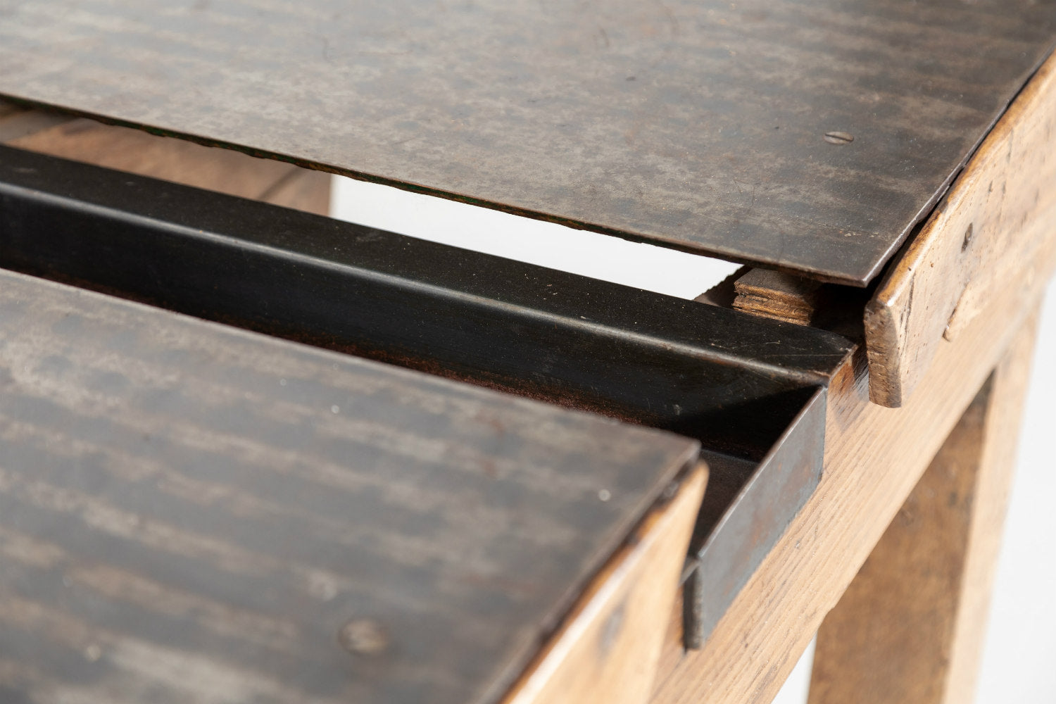 Antique French Industrial Workbench with Iron Top