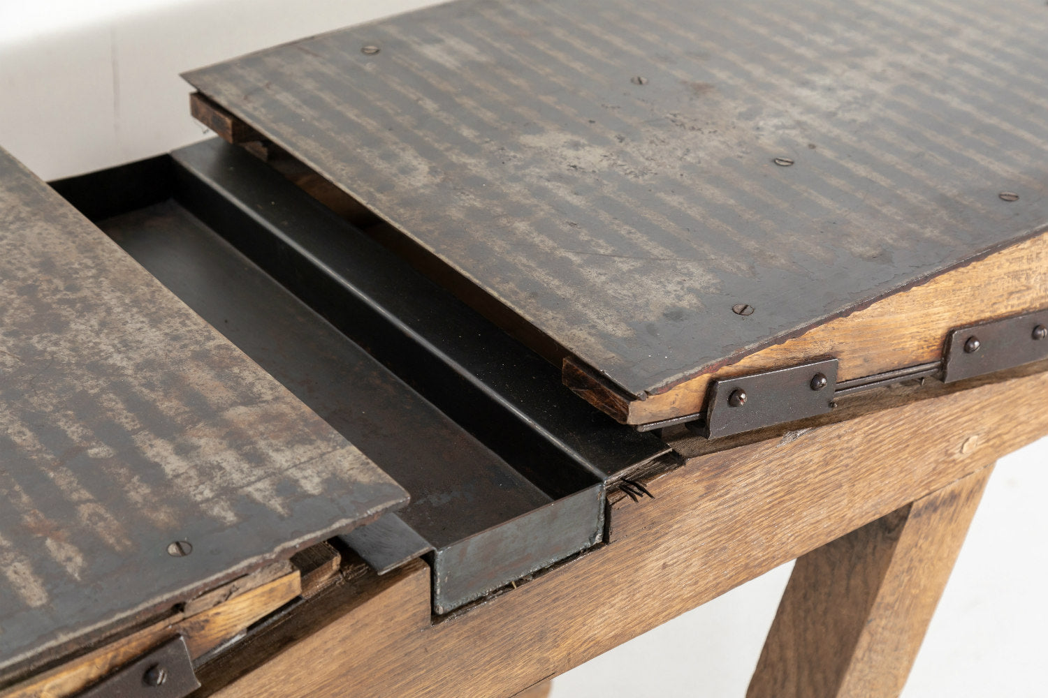 Antique French Industrial Workbench with Iron Top