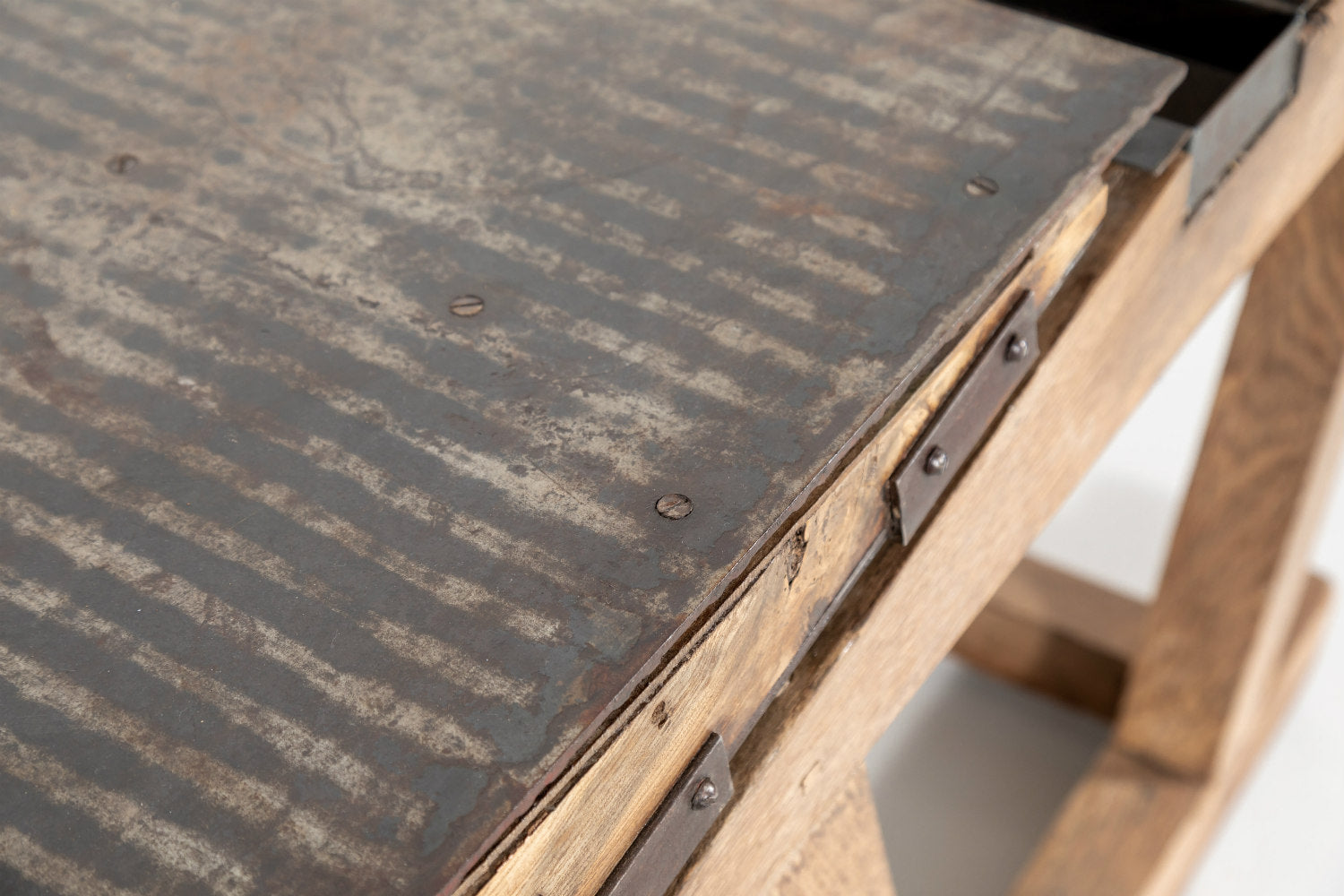 Antique French Industrial Workbench with Iron Top