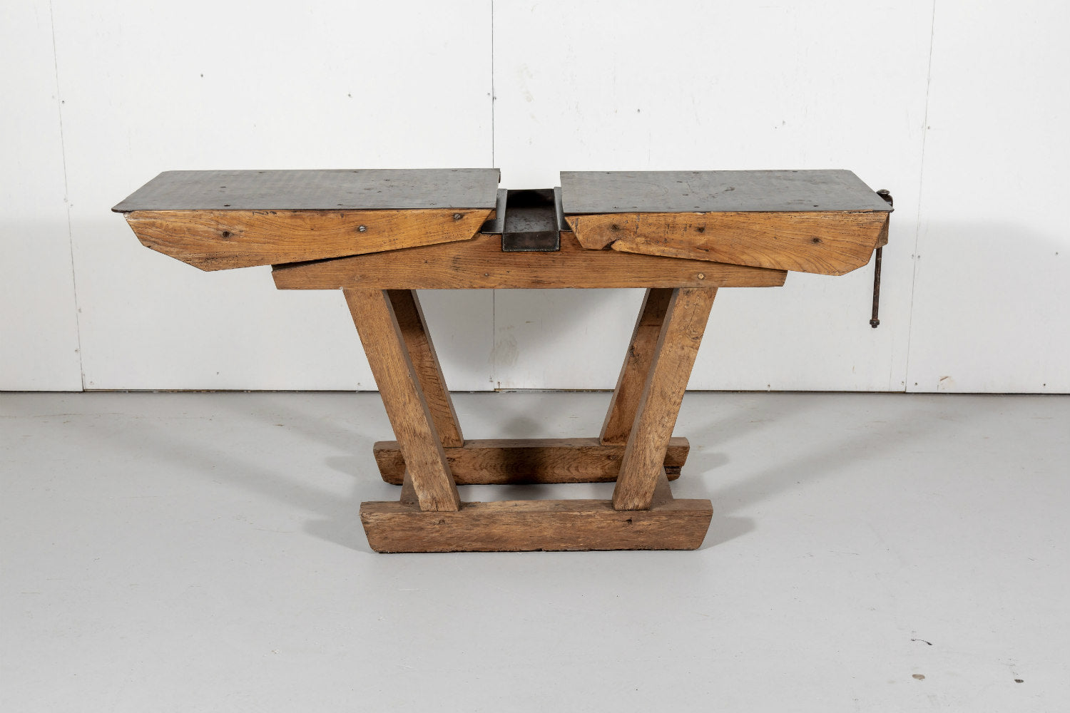 Antique French Industrial Workbench with Iron Top