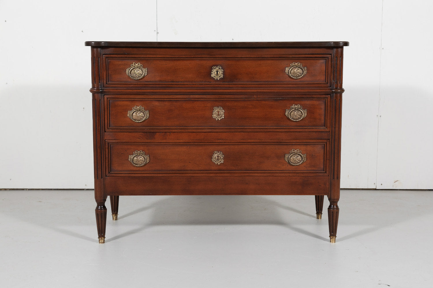 French Louis XVI Style Three-Drawer Walnut Commode 