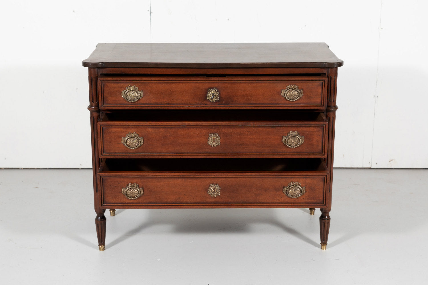 French Louis XVI Style Three-Drawer Walnut Commode 