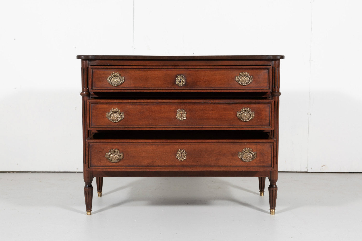 French Louis XVI Style Three-Drawer Walnut Commode 