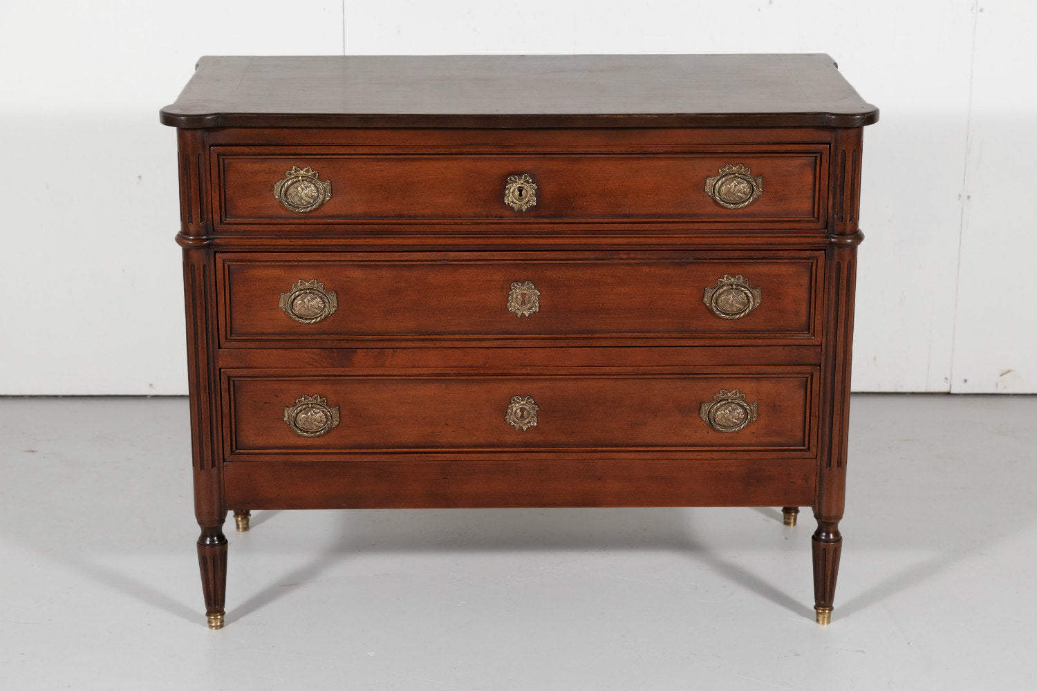 French Louis XVI Style Three-Drawer Walnut Commode 