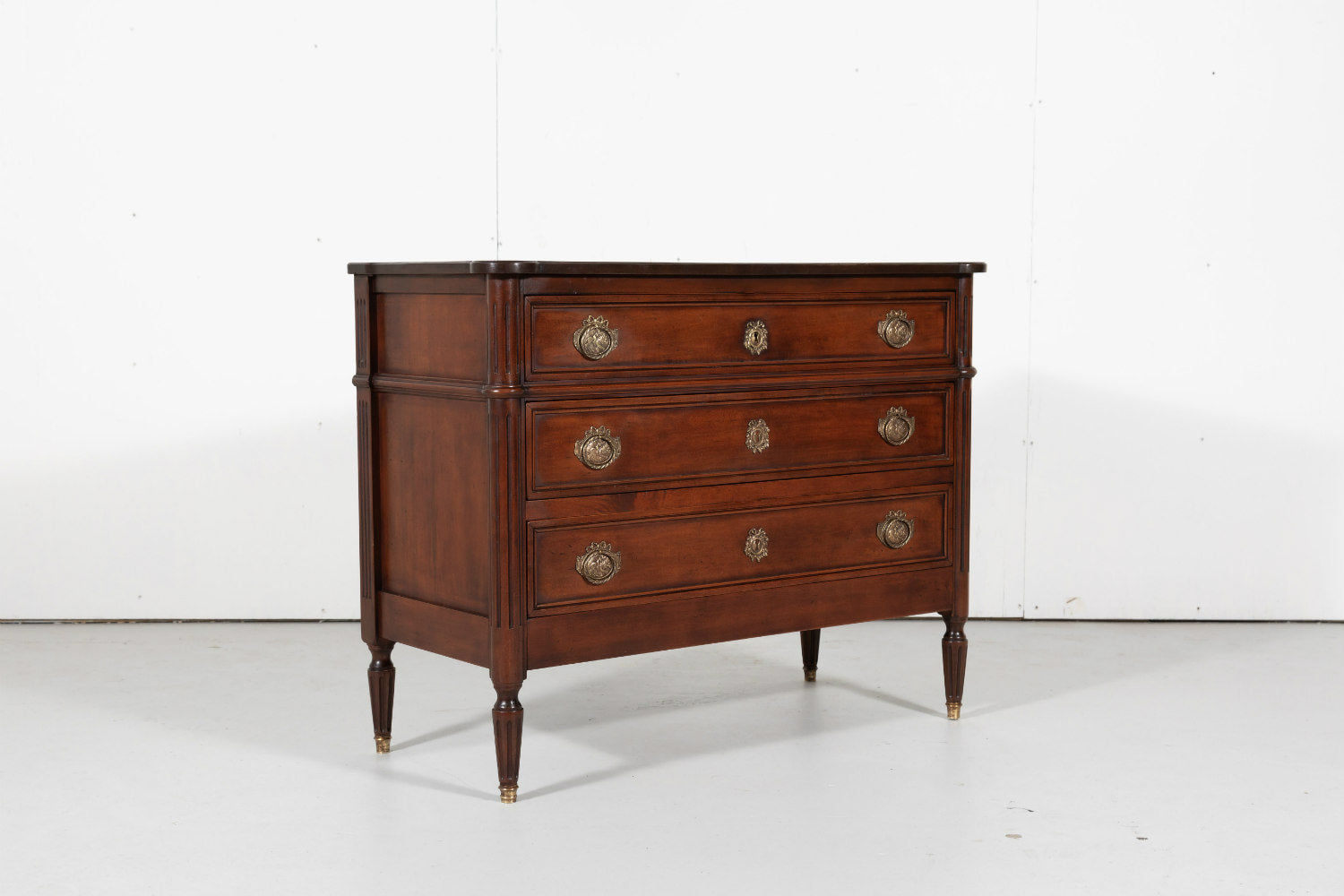 French Louis XVI Style Three-Drawer Walnut Commode 