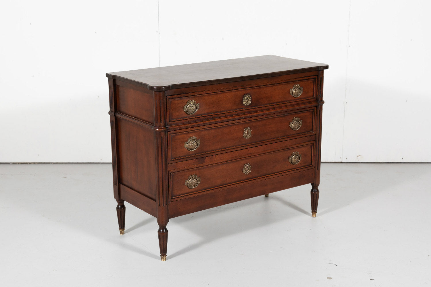 French Louis XVI Style Three-Drawer Walnut Commode 