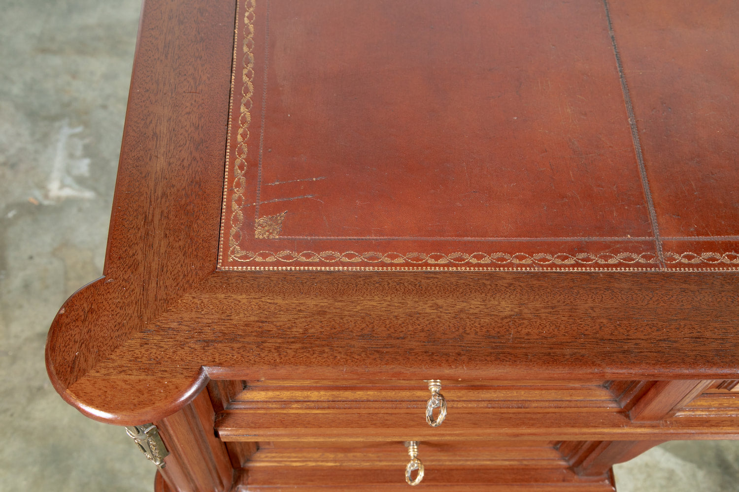 French Louis XVI Style Mahogany Bureau Plat with Tooled Leather Top 
