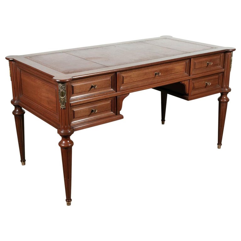 French Louis XVI Style Mahogany Bureau Plat with Tooled Leather Top 